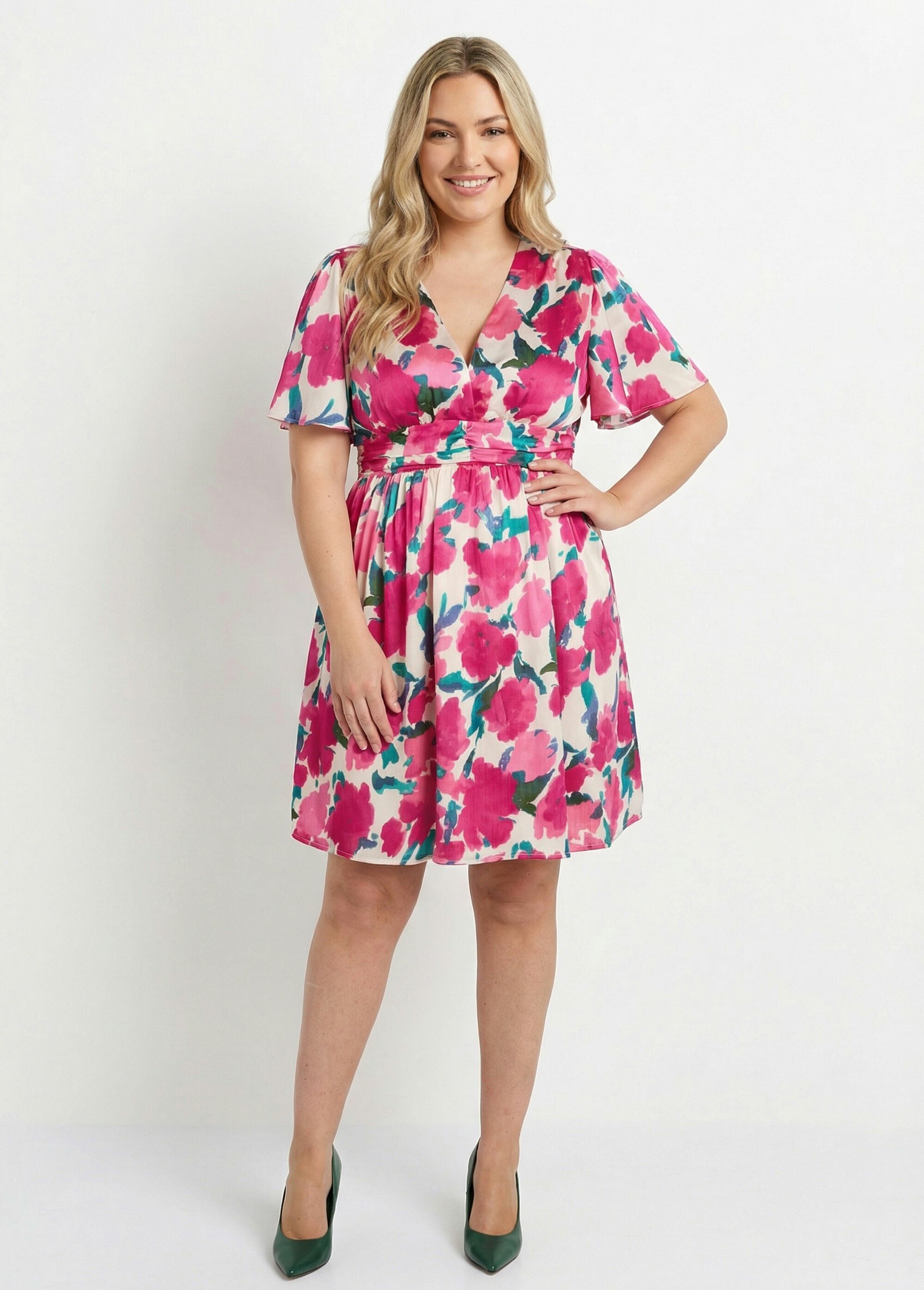 Robe courte satinée, motif arty fleuri Femme Grande Taille Rose MA-1163-1811 FA1
