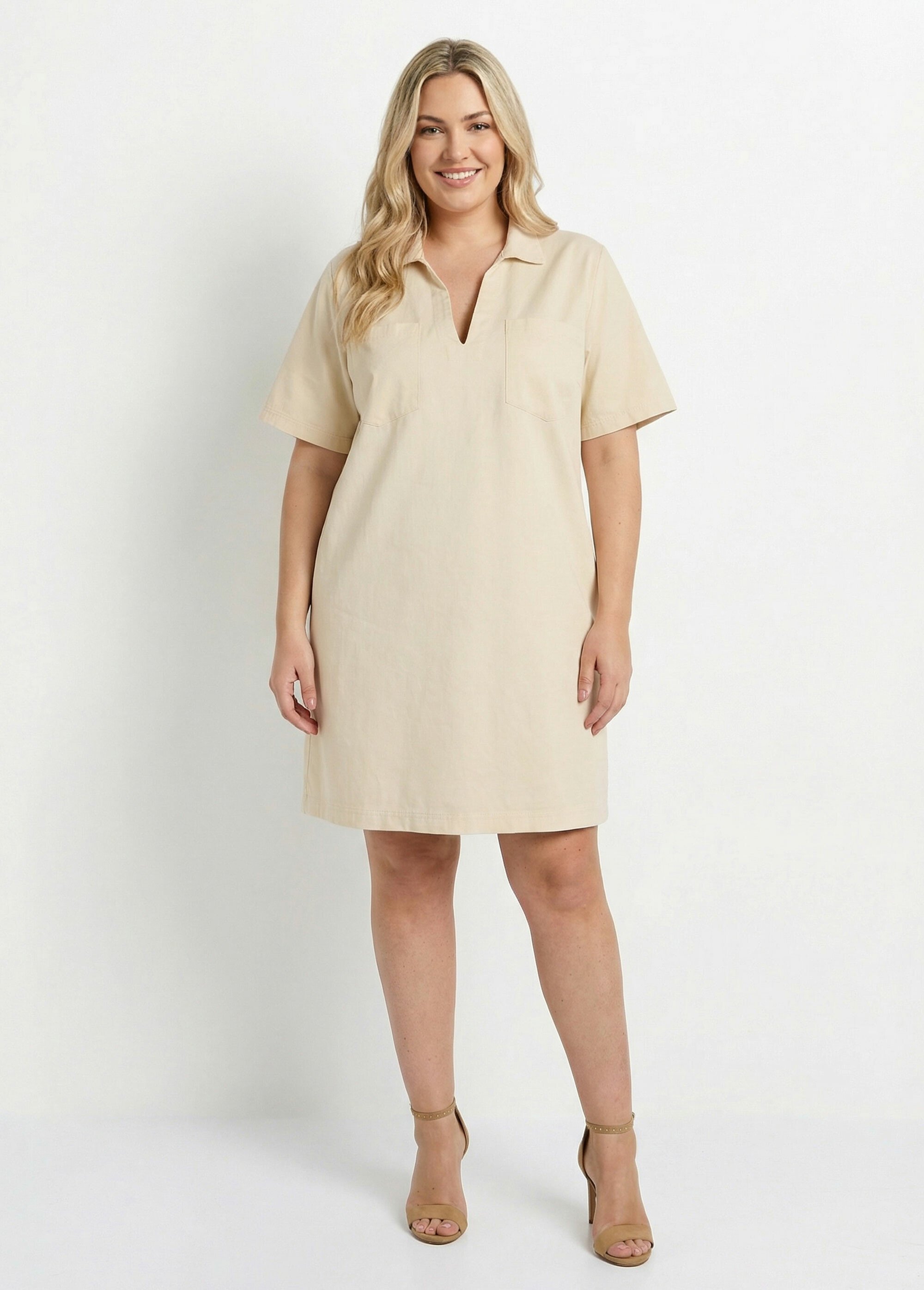 Robe forme housse en toile denim colorée Femme Grande Taille Beige MA-M1170-2255 FA1