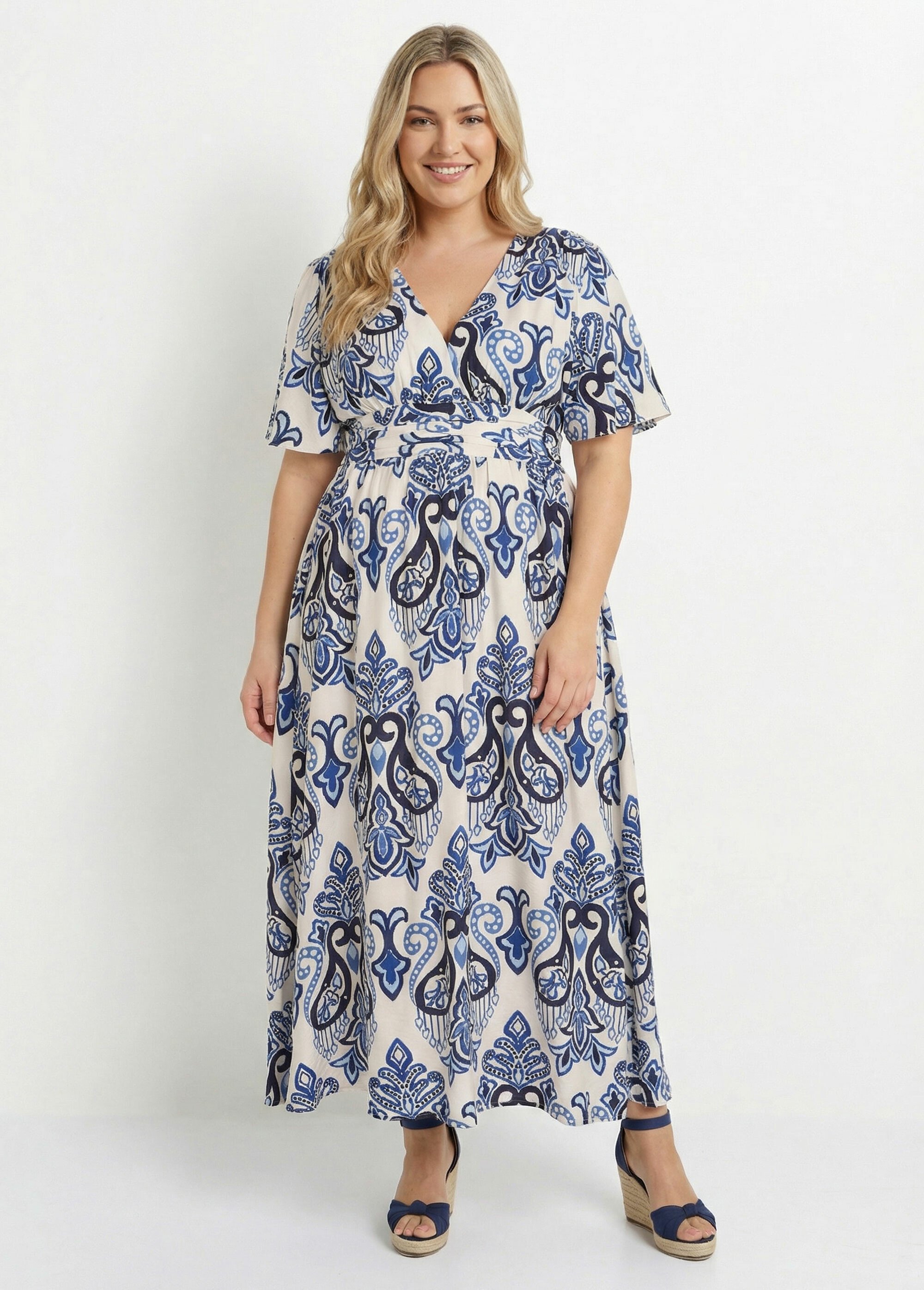 Robe longue décolleté V, imprimé baroque Femme Grande Taille Bleu MA-M057-2530 FA1