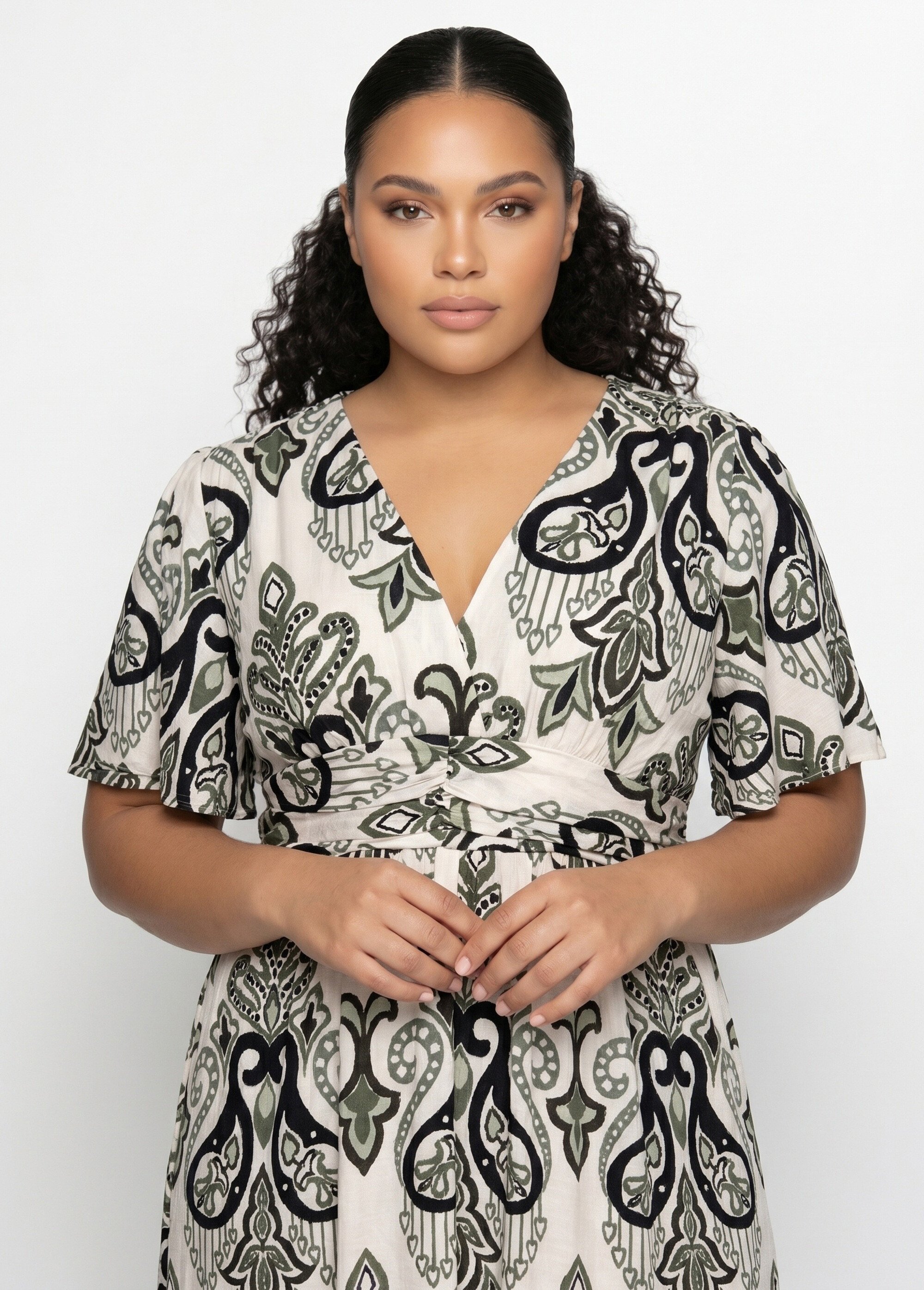 Robe longue décolleté V, imprimé baroque