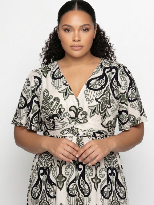 Robe longue décolleté V, imprimé baroque Femme Grande Taille Vert MA-M057-2530 DE1