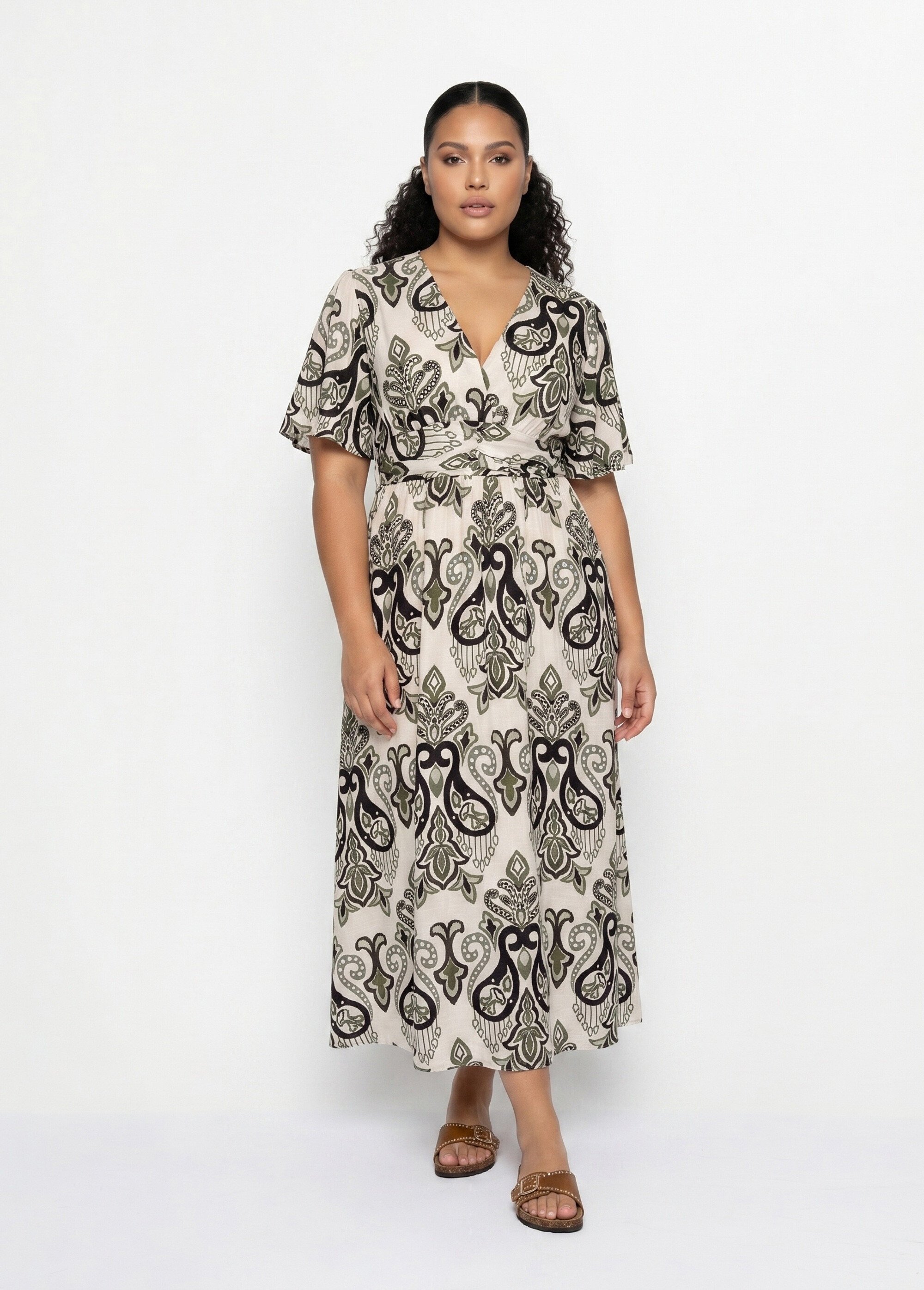 Robe longue décolleté V, imprimé baroque Femme Grande Taille Vert MA-M057-2530 FA1