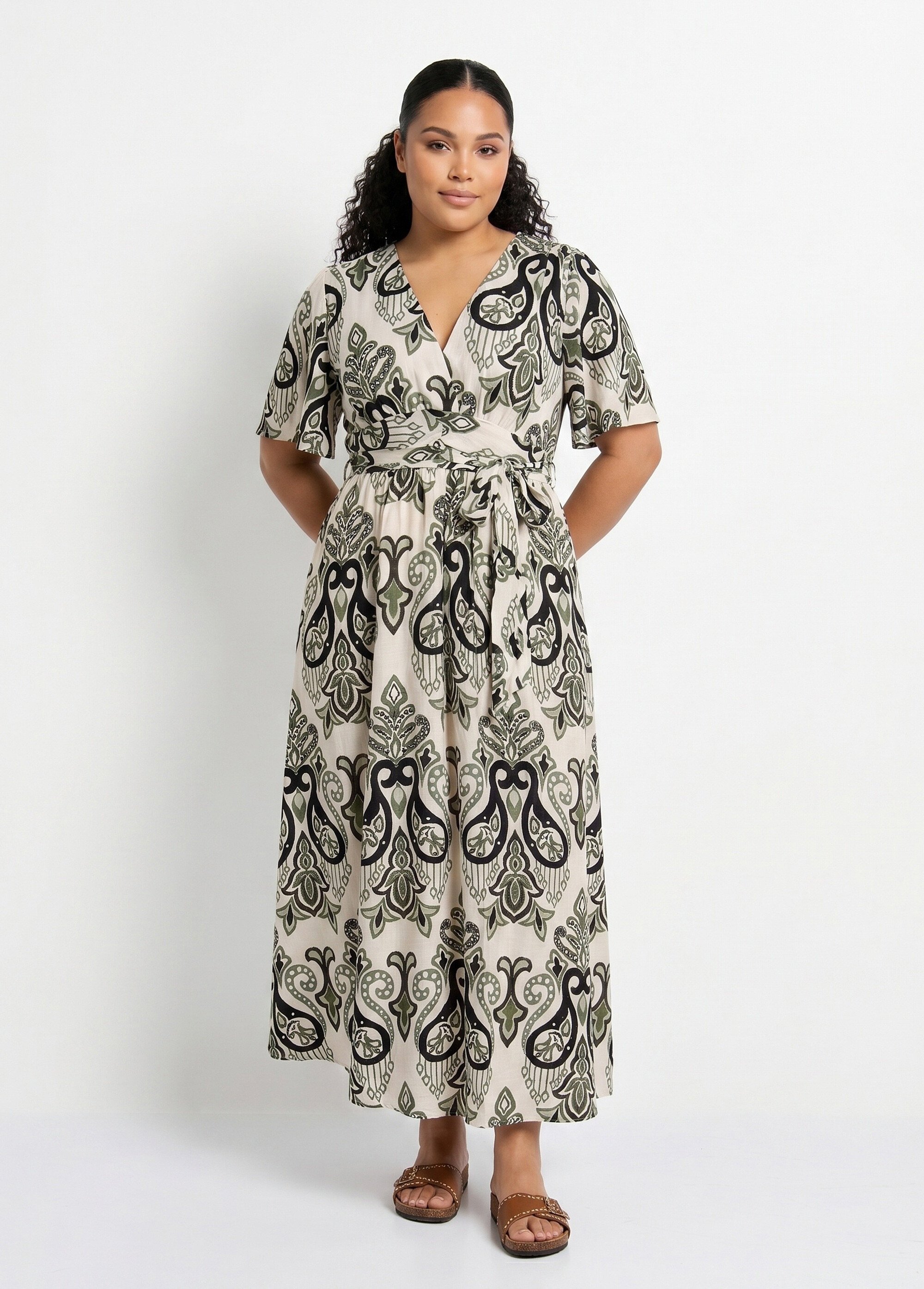 Robe longue décolleté V, imprimé baroque