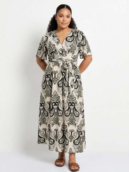 Robe longue décolleté V, imprimé baroque Femme Grande Taille Vert MA-M057-2530 MV1