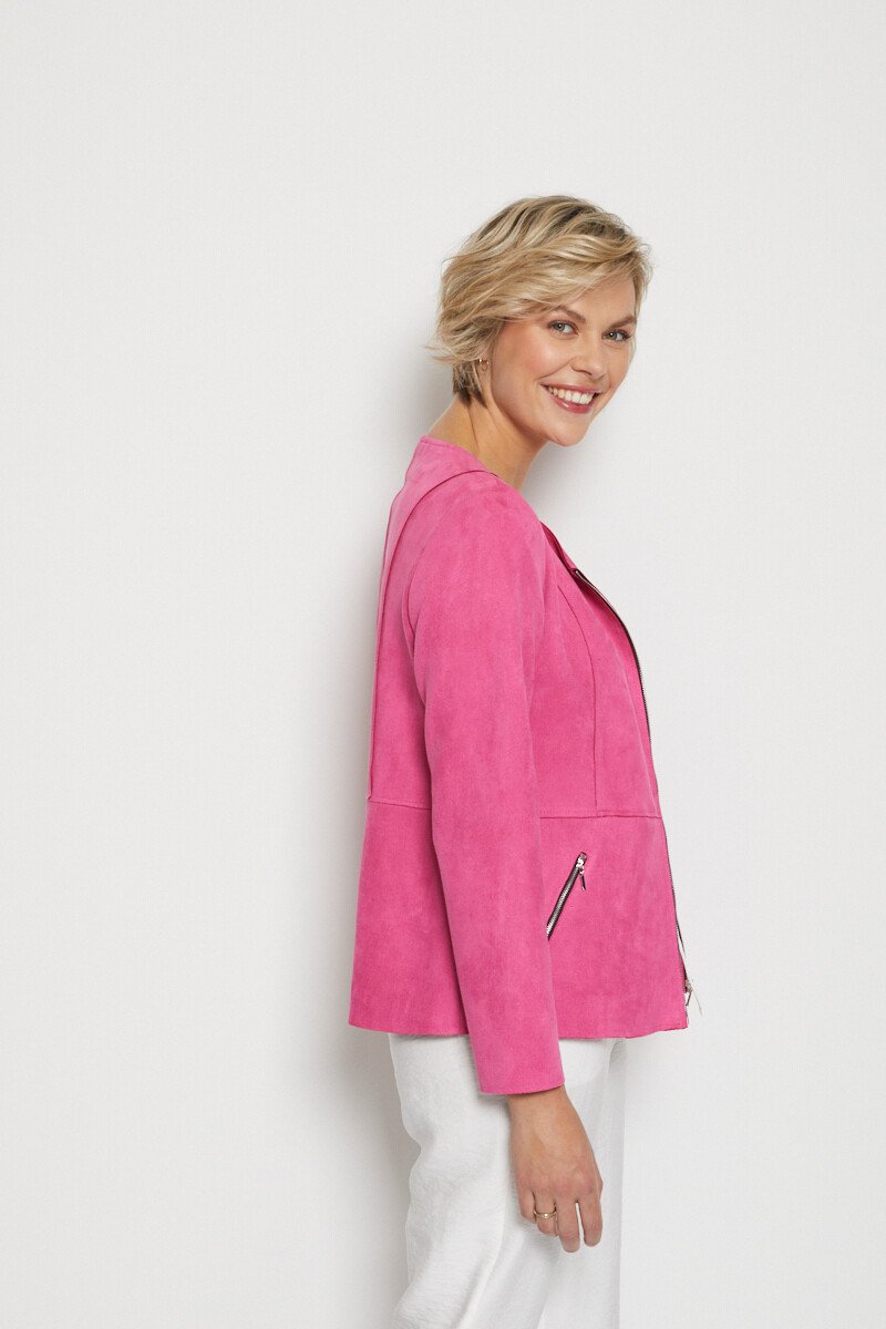 Veste zippée sans col tissu suédé Femme Rose THONON DR1
