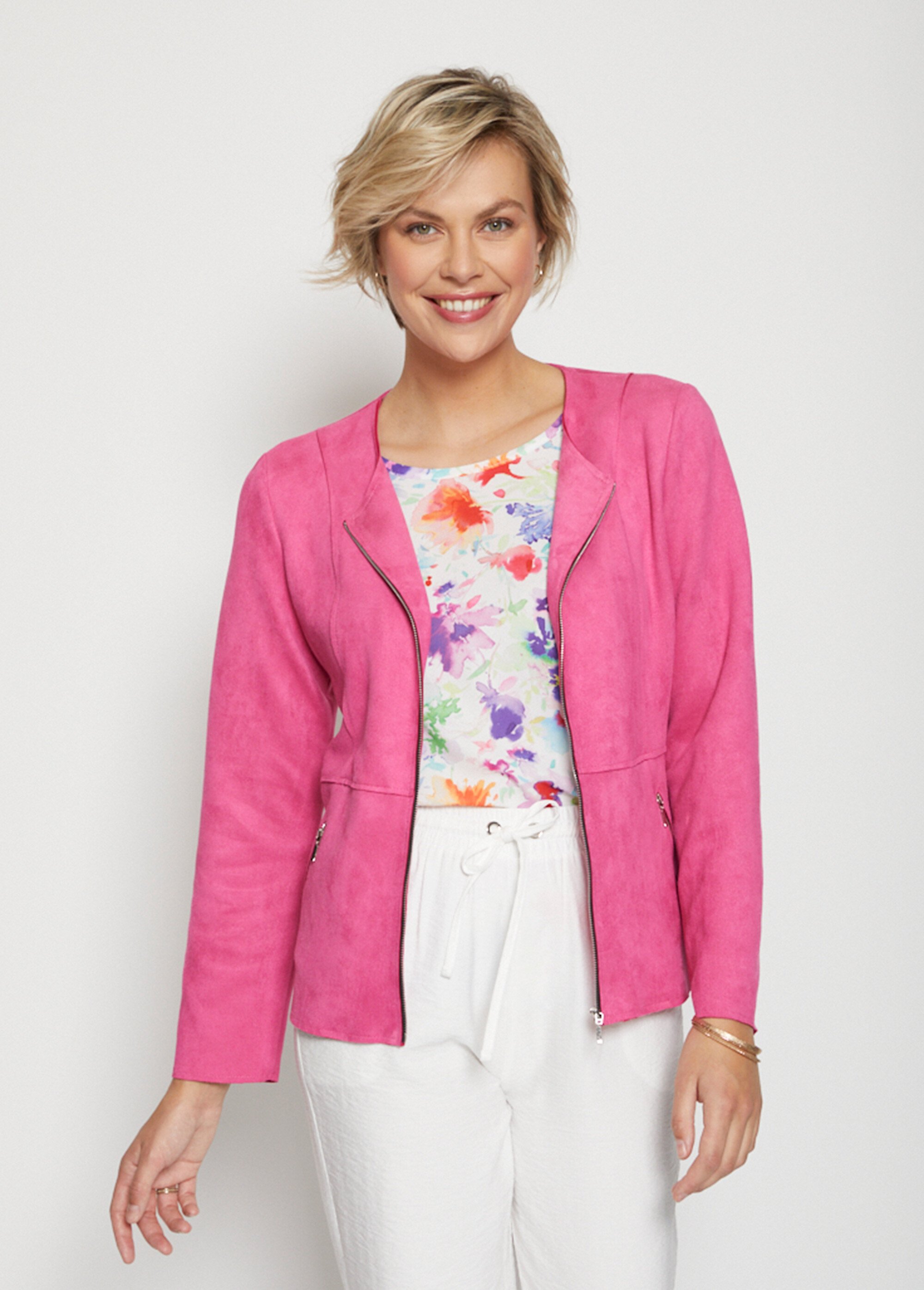 Veste zippée sans col tissu suédé