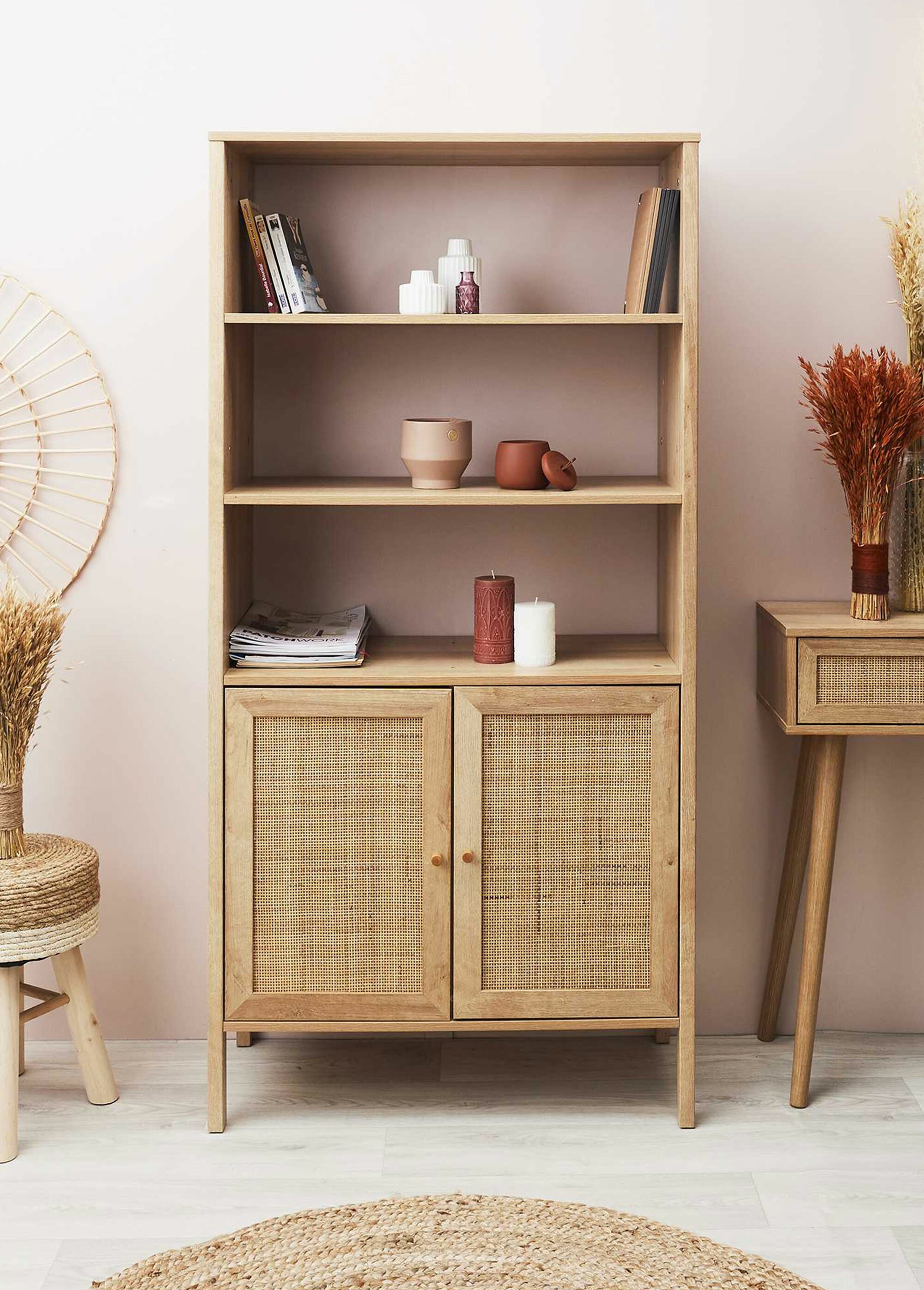 Bibliothèque 3 étagères bois et cannage BEIGE CMP-HD5131 SI1