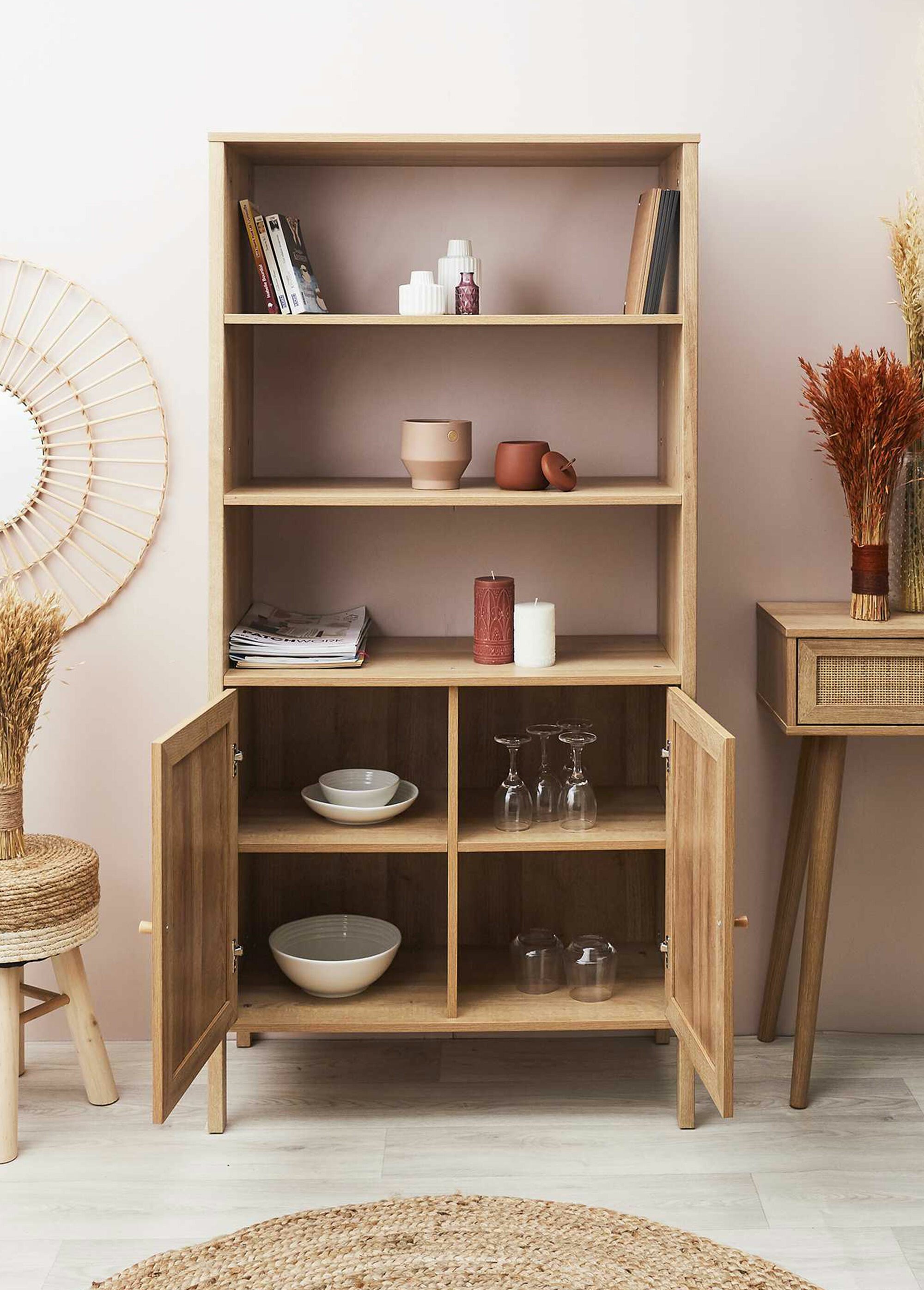 Bibliothèque 3 étagères bois et cannage BEIGE CMP-HD5131 SI2