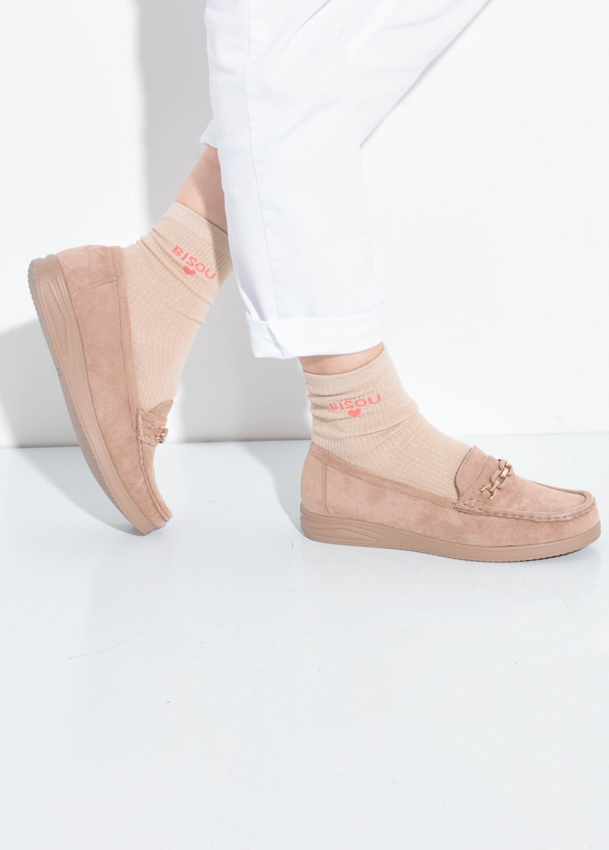 Mocassins compensés souples en suédine Femme Beige SEA5439 SI1
