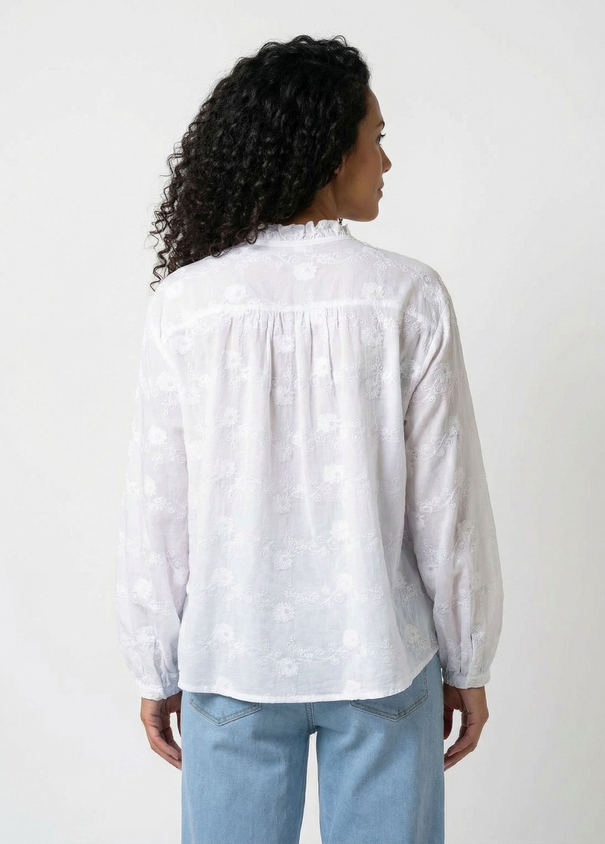 Chemisier boutonné coton brodé col volanté Femme Blanc CALYVIA DO1