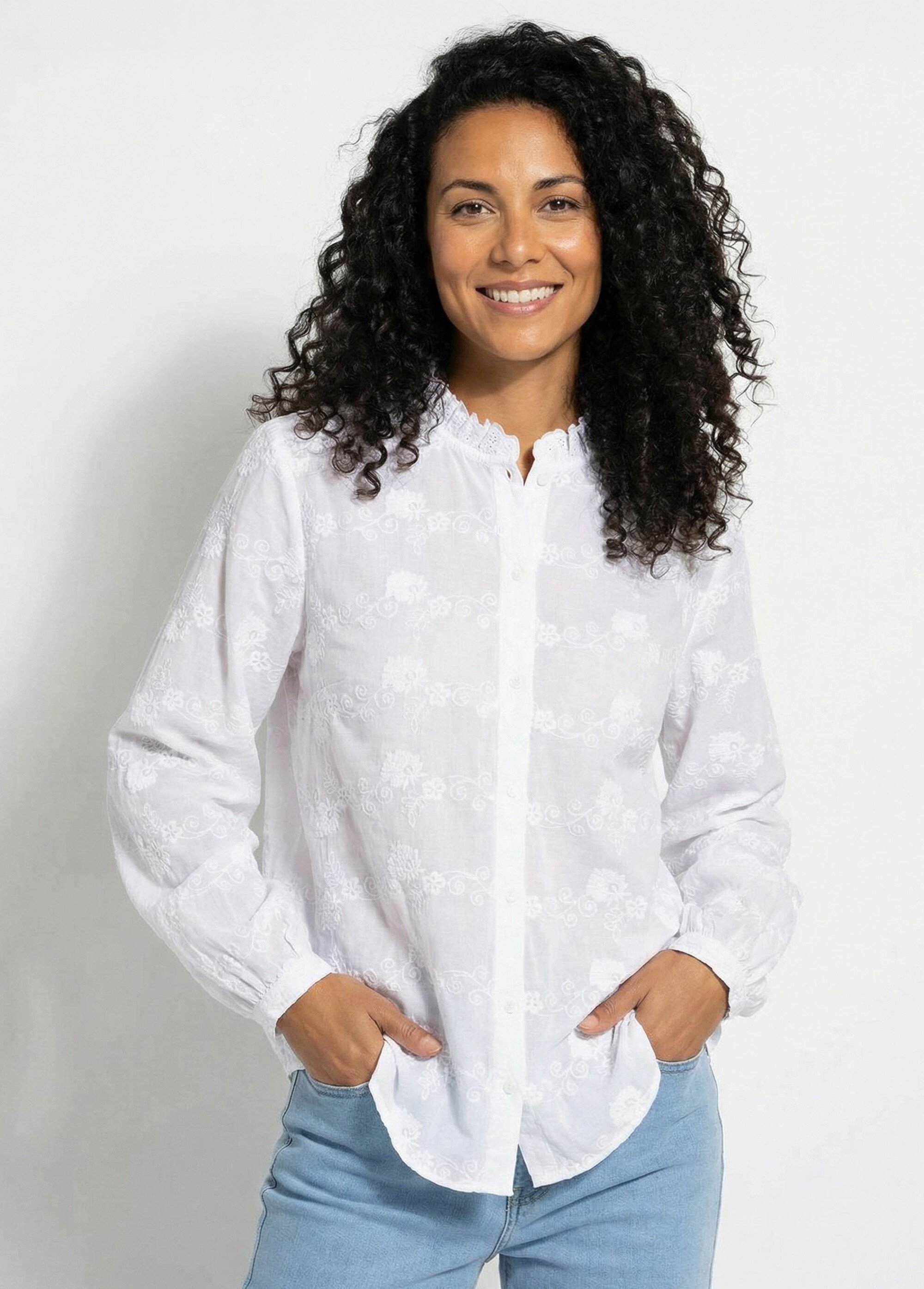 Chemisier boutonné coton brodé col volanté Femme Blanc CALYVIA FA1