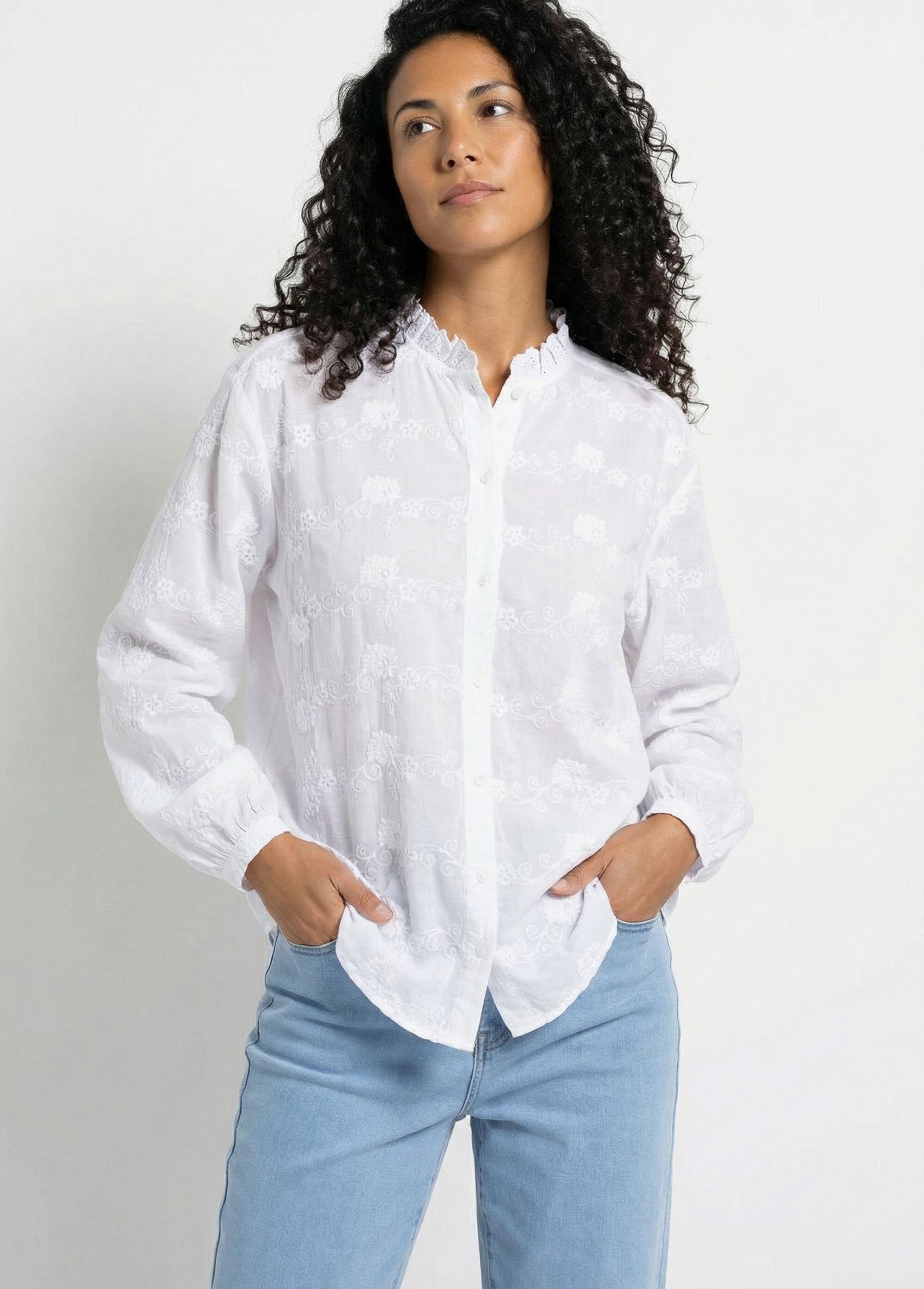 Chemisier boutonné coton brodé col volanté Femme Blanc CALYVIA MV1