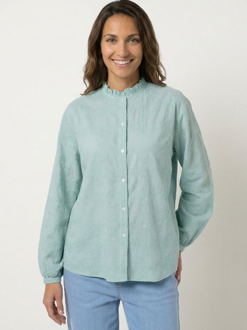 Chemisier boutonné coton brodé col volanté Femme Vert CALYVIA FA1