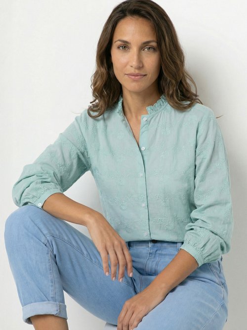 Chemisier boutonné coton brodé col volanté Femme Vert CALYVIA MV1
