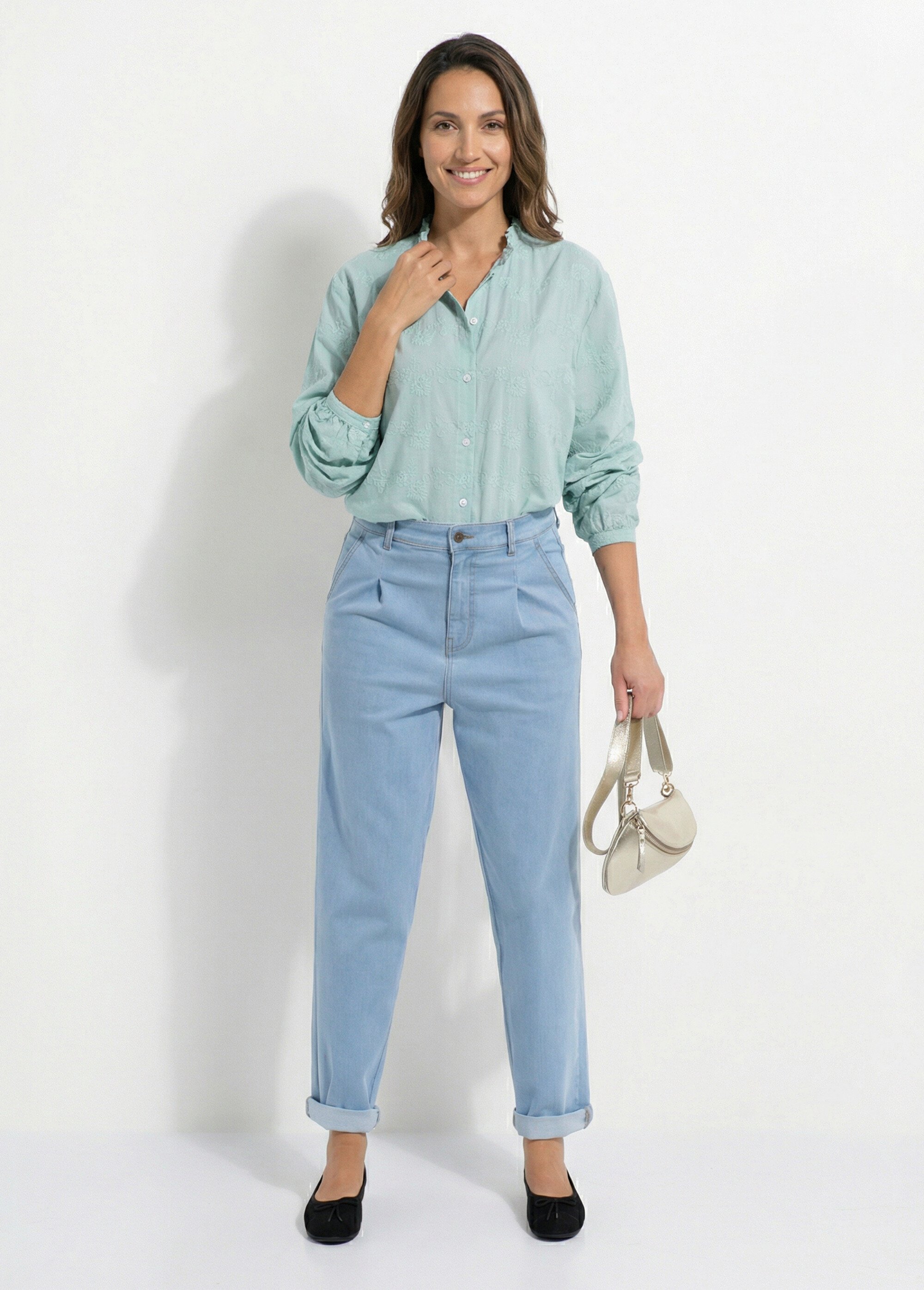 Chemisier boutonné coton brodé col volanté Femme Vert CALYVIA SF1