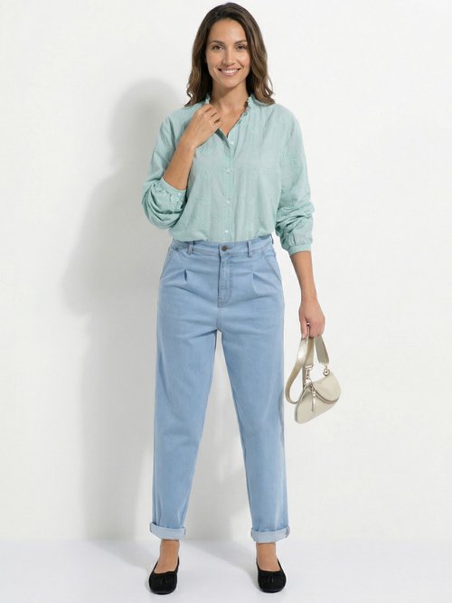 Chemisier boutonné coton brodé col volanté Femme Vert CALYVIA SF1