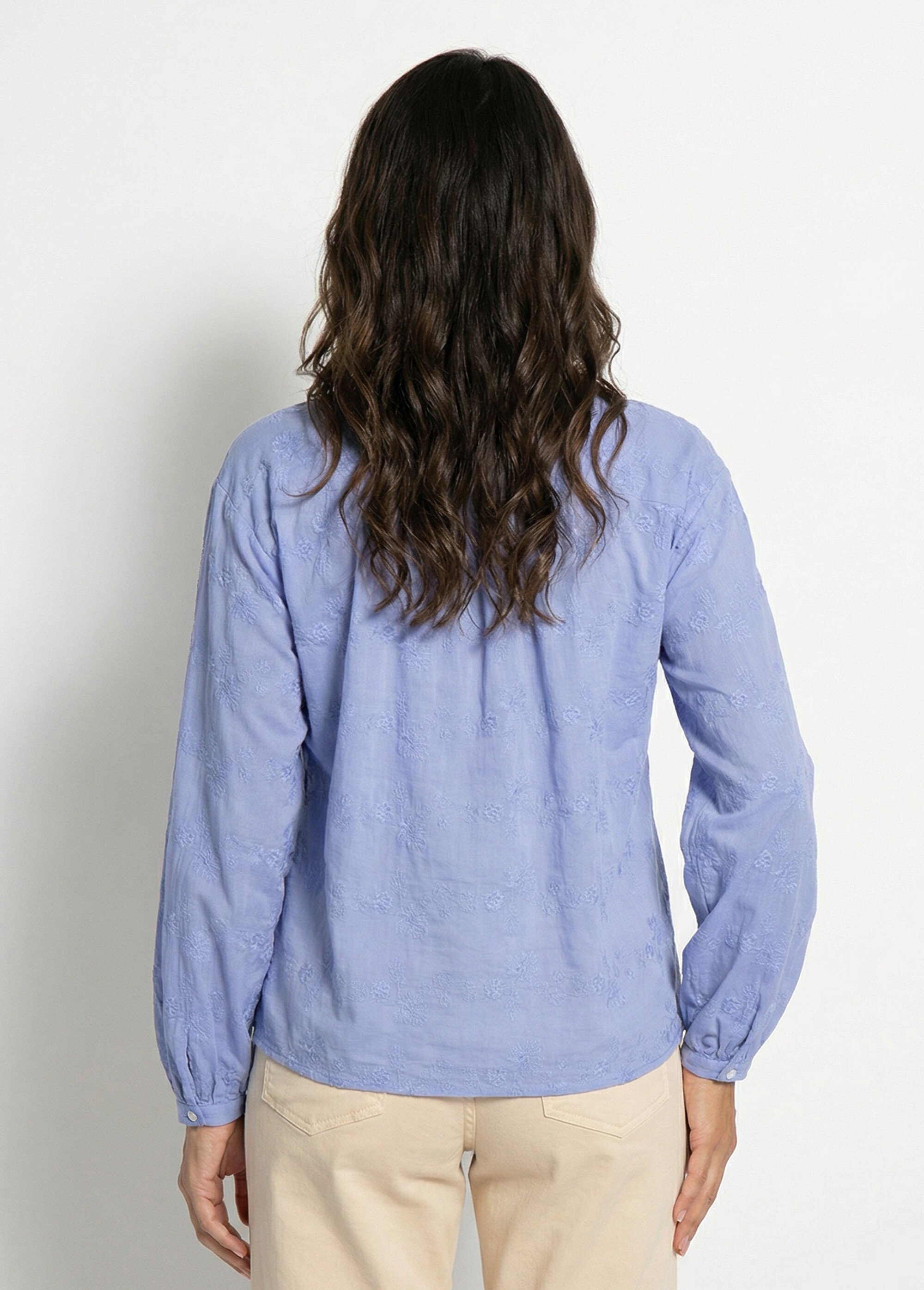 Chemisier boutonné coton brodé col volanté Femme Bleu CALYVIA DO1