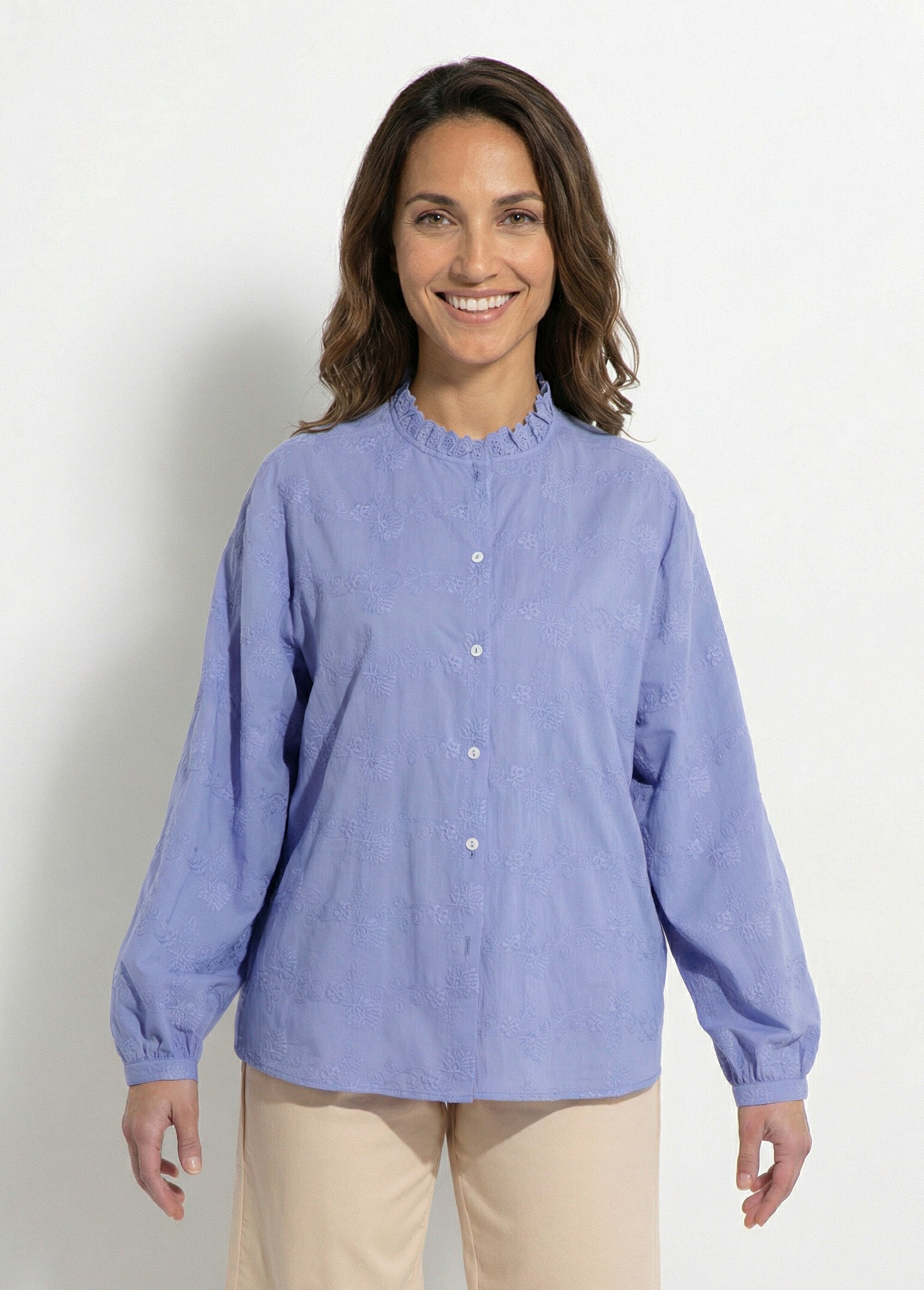 Chemisier boutonné coton brodé col volanté Femme Bleu CALYVIA FA1