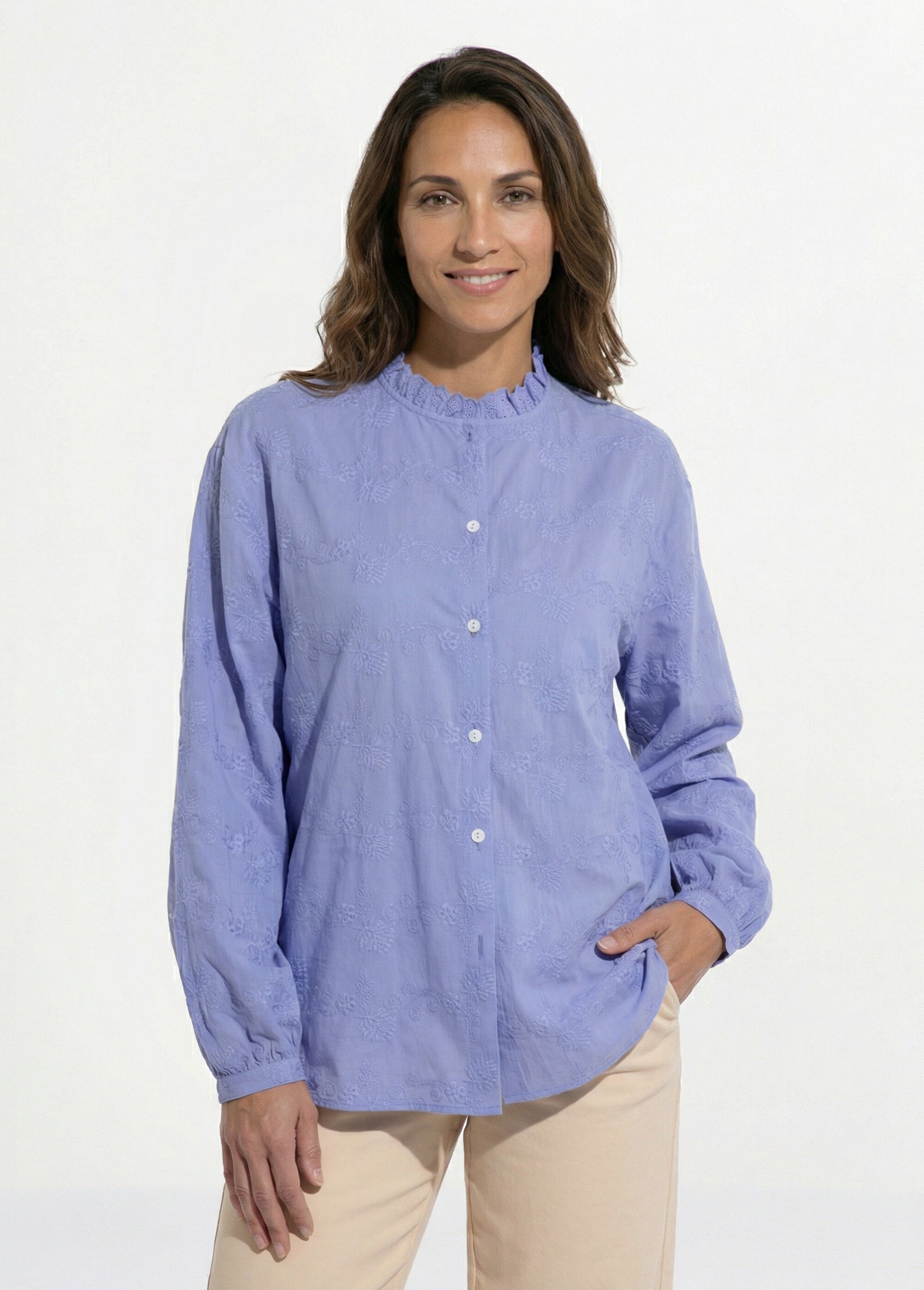 Chemisier boutonné coton brodé col volanté Femme Bleu CALYVIA MV1