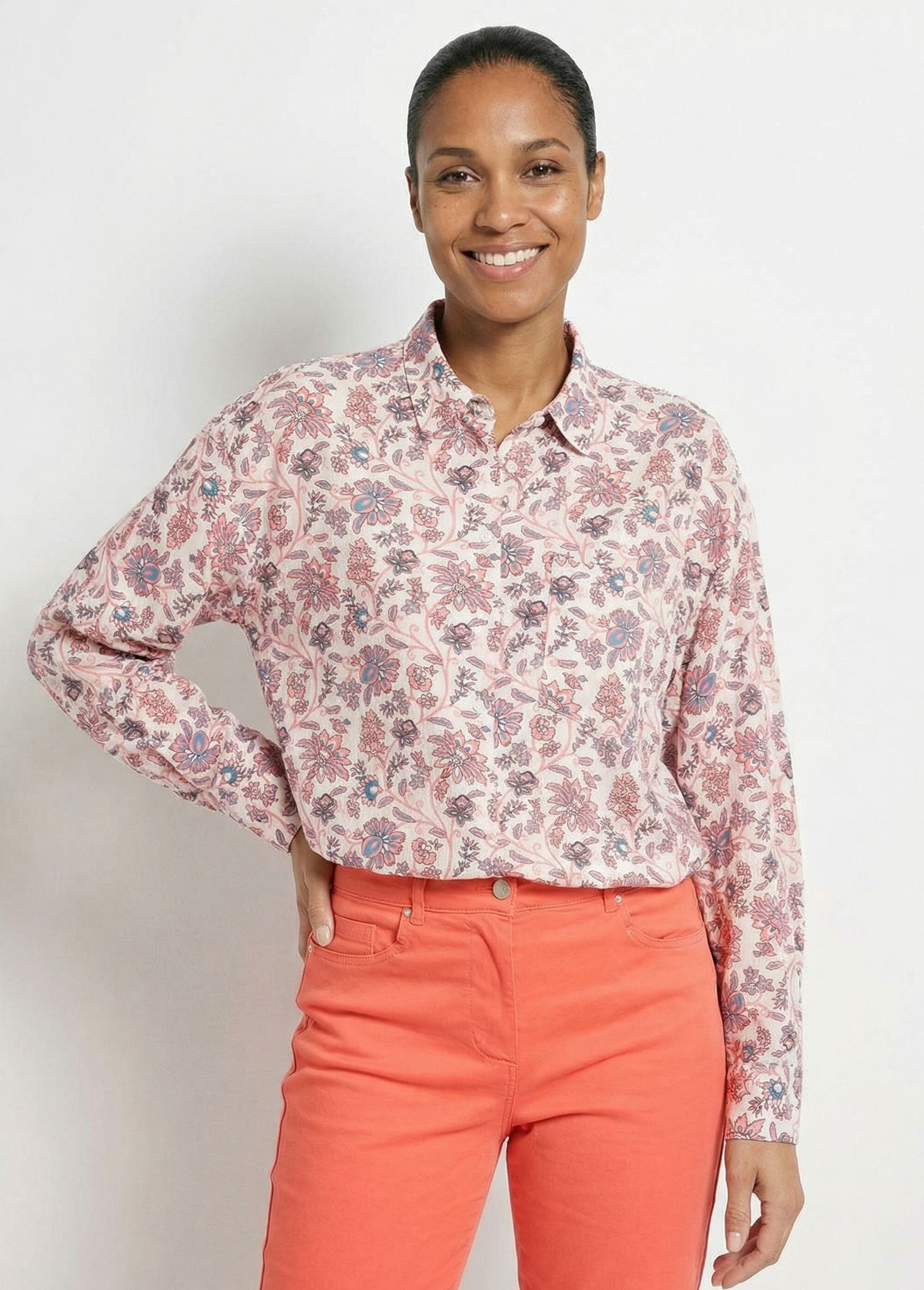 Chemisier boutonné long imprimé fleuri fluide Femme Blanc CAMILIA MV1