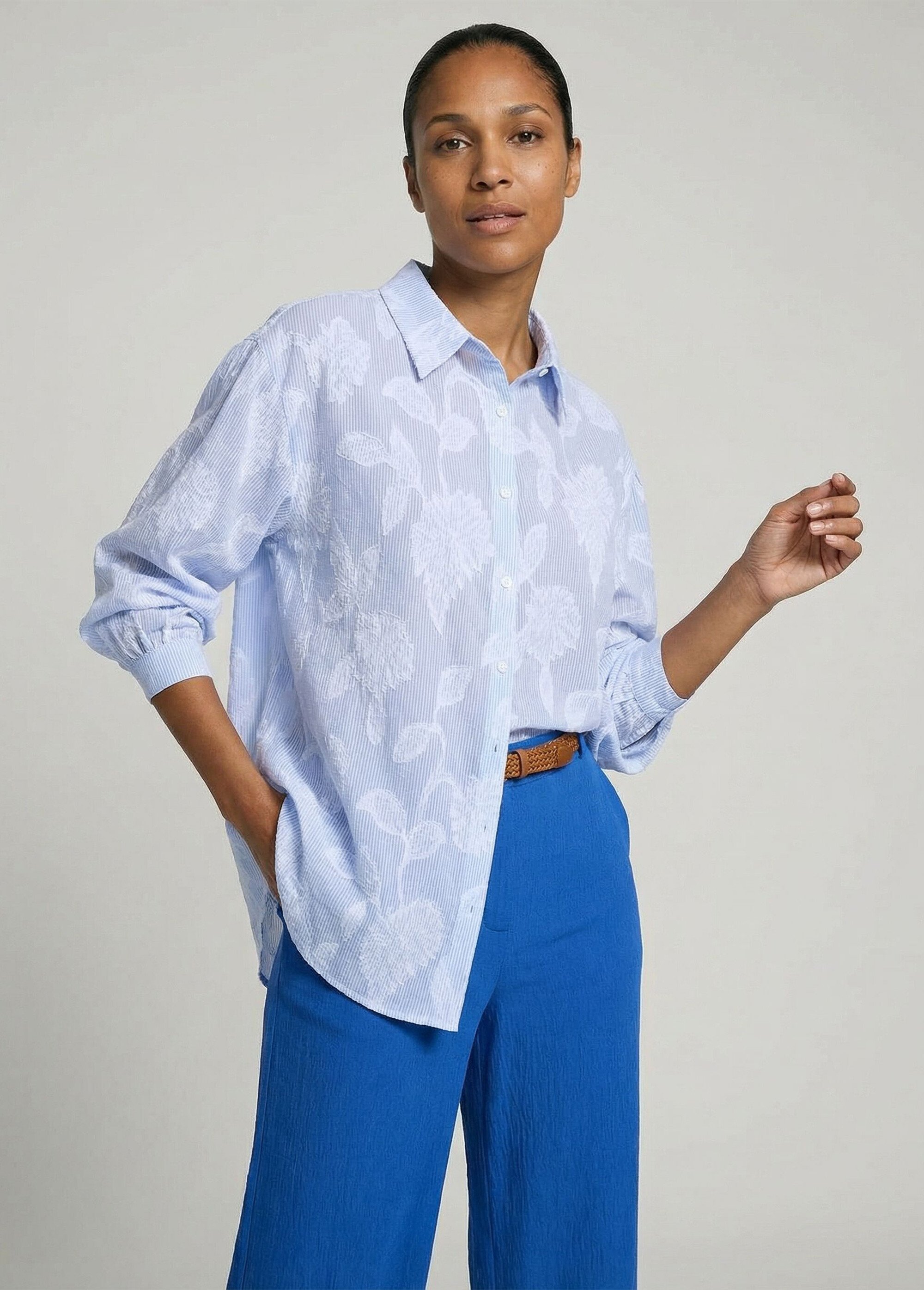 Chemisier long coton rayures et jacquard