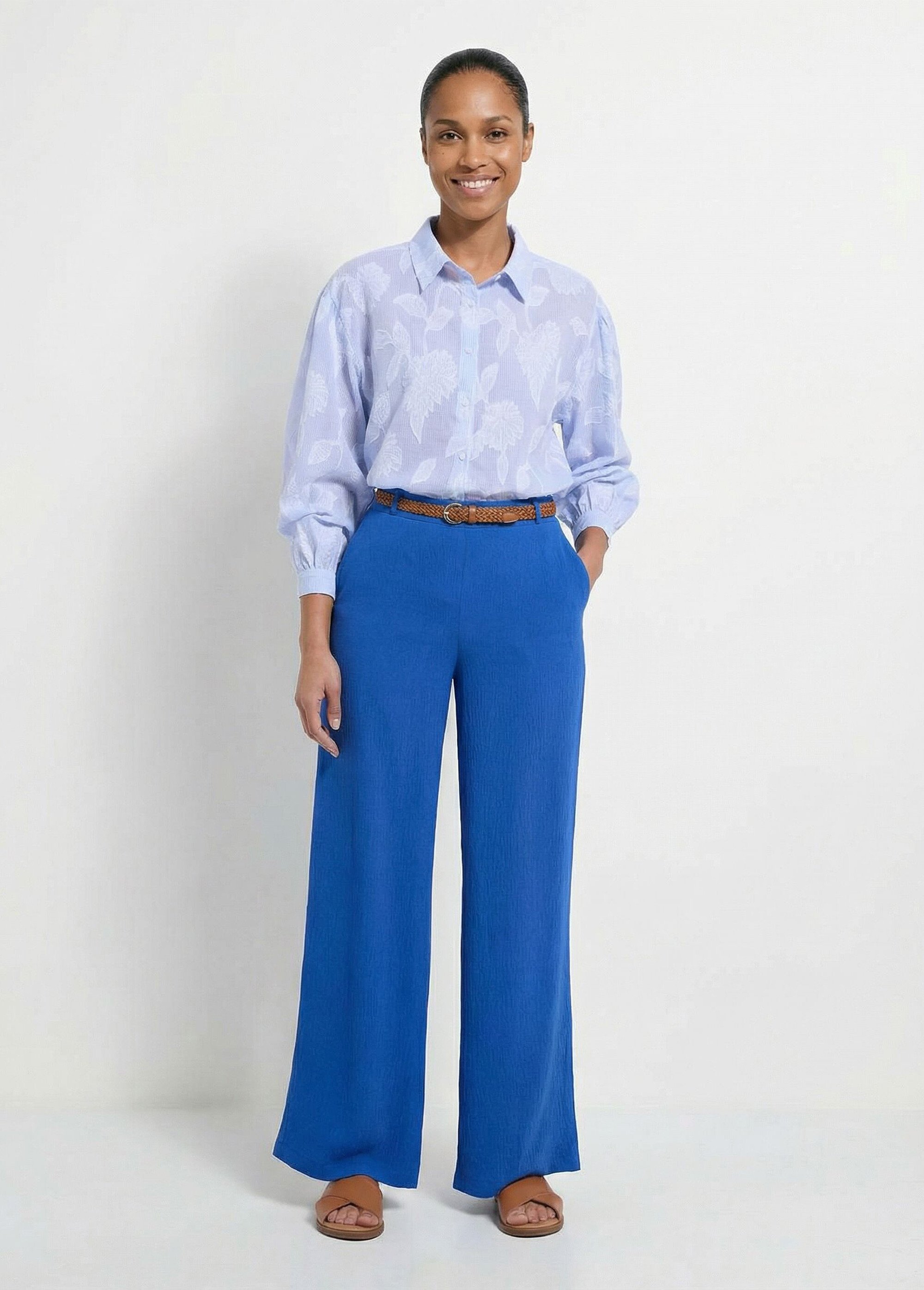 Chemisier long coton rayures et jacquard Femme Bleu CALIANDRE SF1