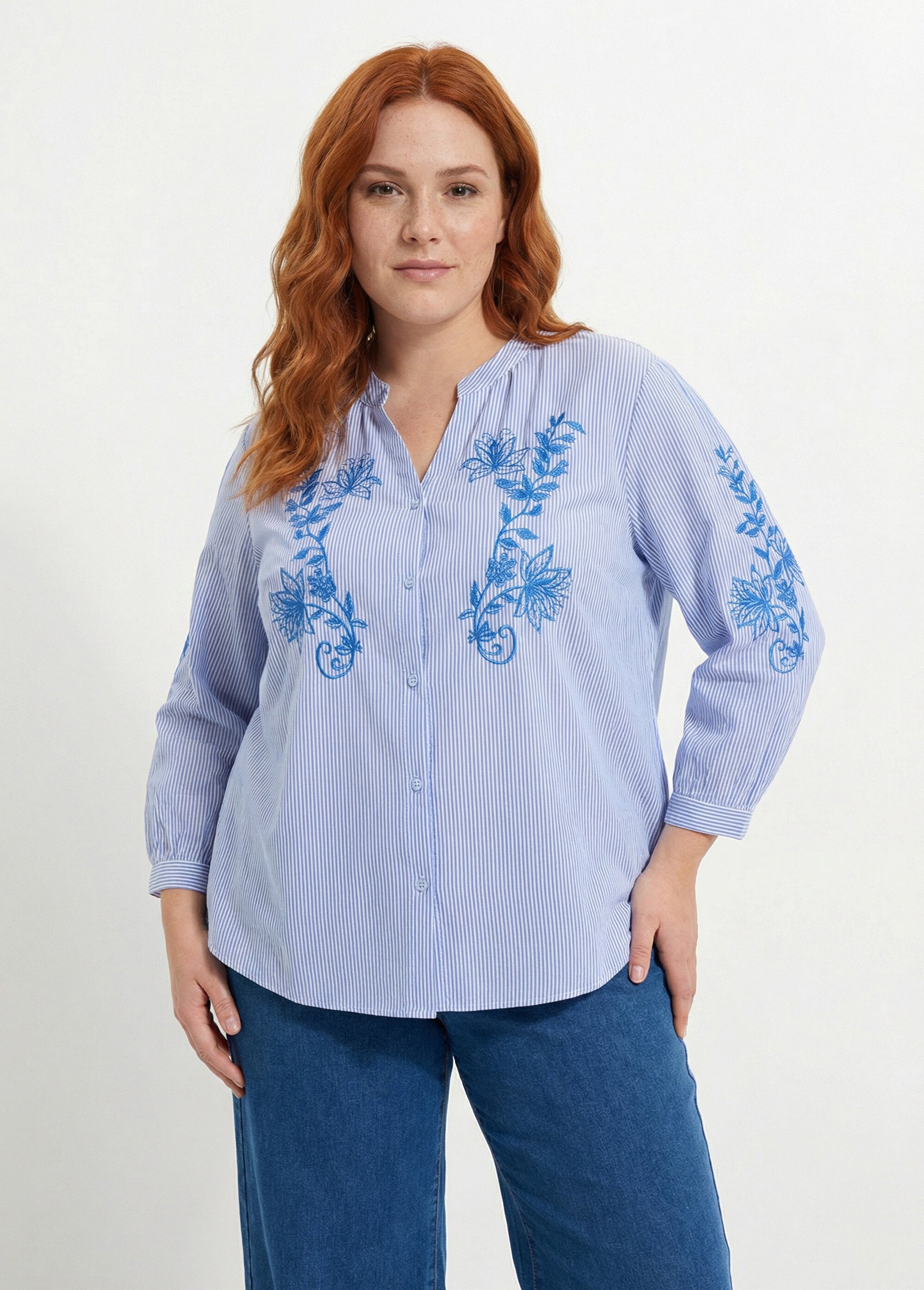 Chemisier rayé avec broderies fleurs Femme Grande Taille Bleu MA-M1168-1251 FA1
