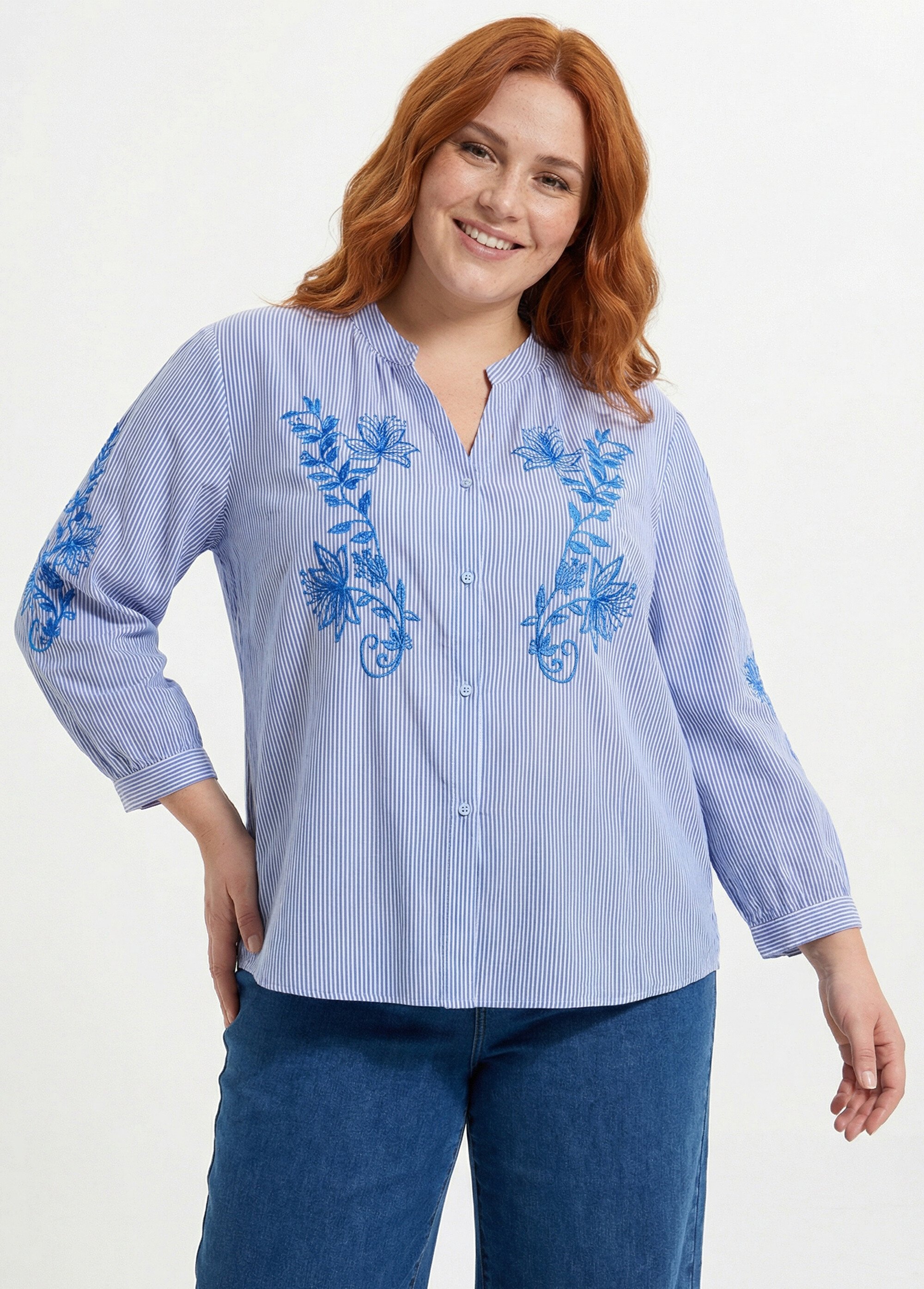 Chemisier rayé avec broderies fleurs Femme Grande Taille Bleu MA-M1168-1251 MV1