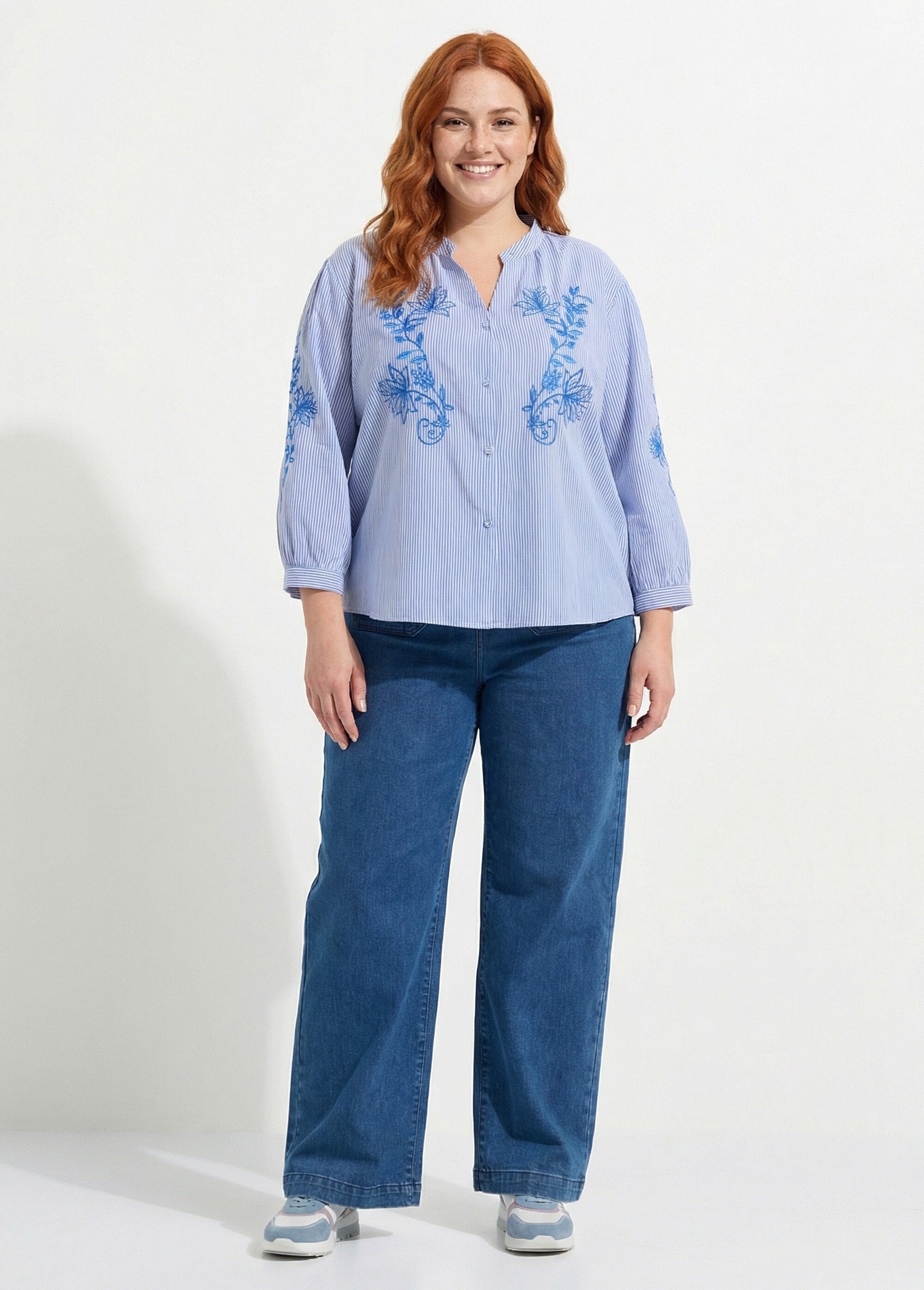 Chemisier rayé avec broderies fleurs Femme Grande Taille Bleu MA-M1168-1251 SF1