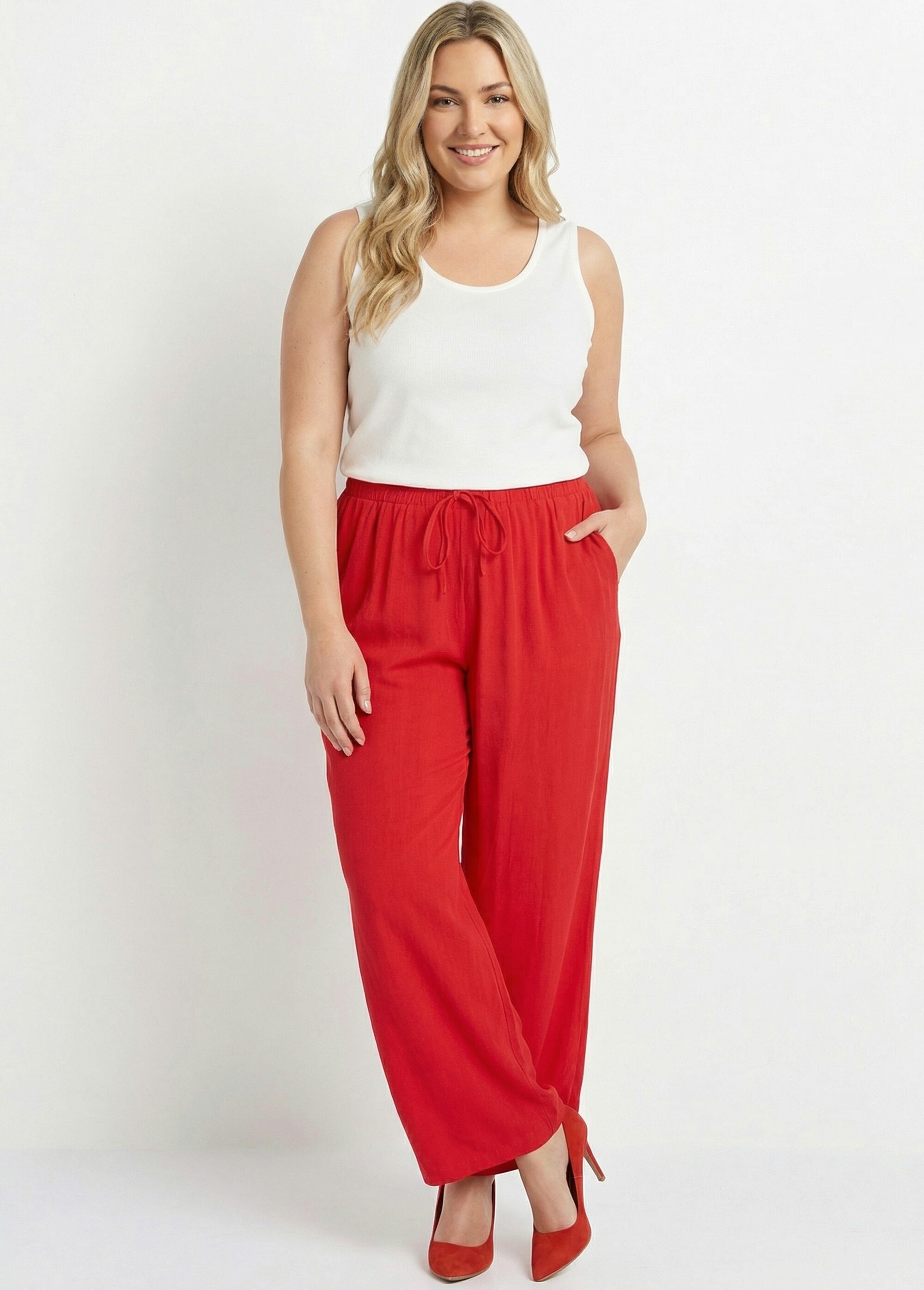 Pantalon fluide avec lin, effet naturel Femme Grande Taille Rouge MA-M900-2289 MV1