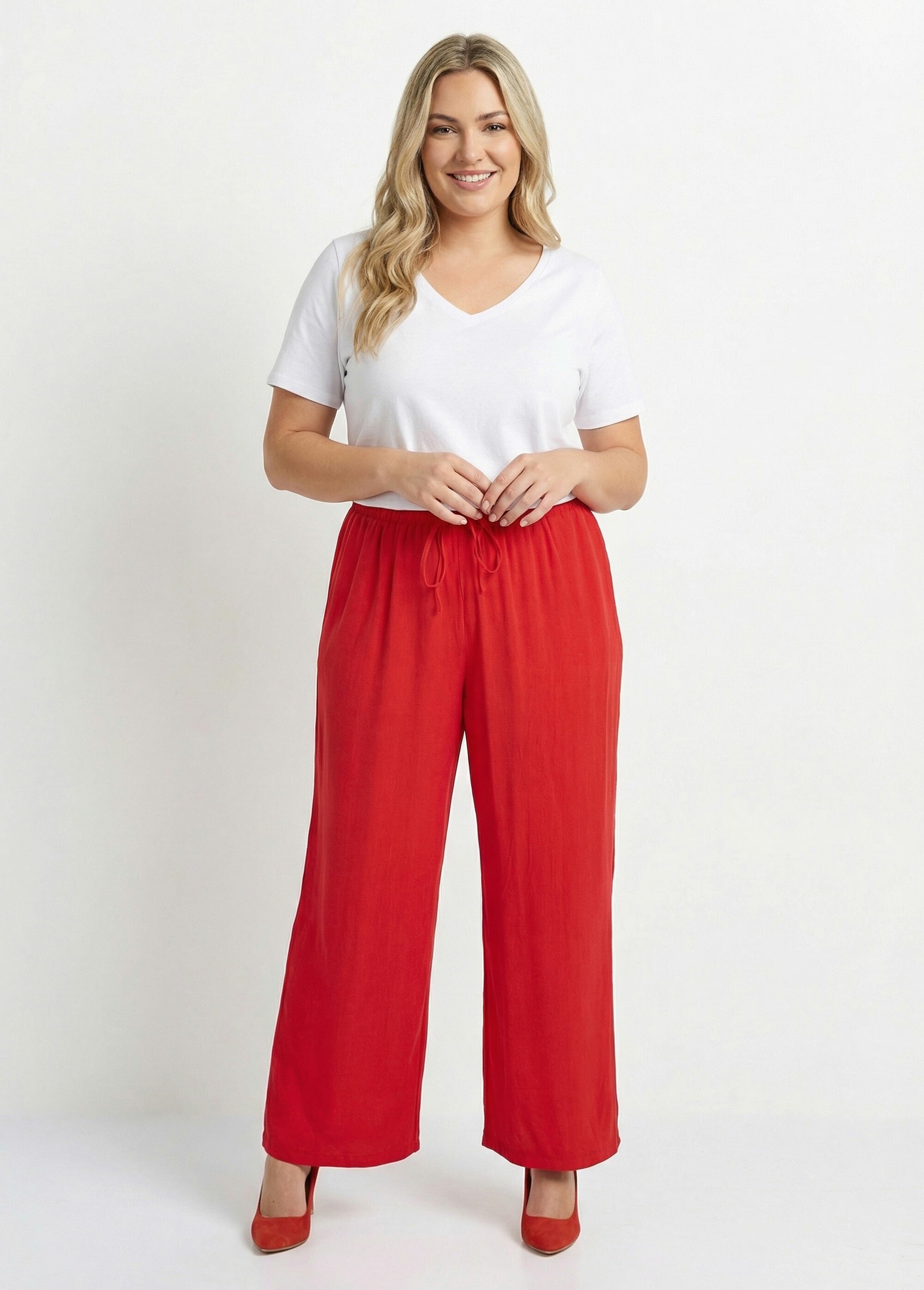 Pantalon fluide avec lin, effet naturel Femme Grande Taille Rouge MA-M900-2289 SF1