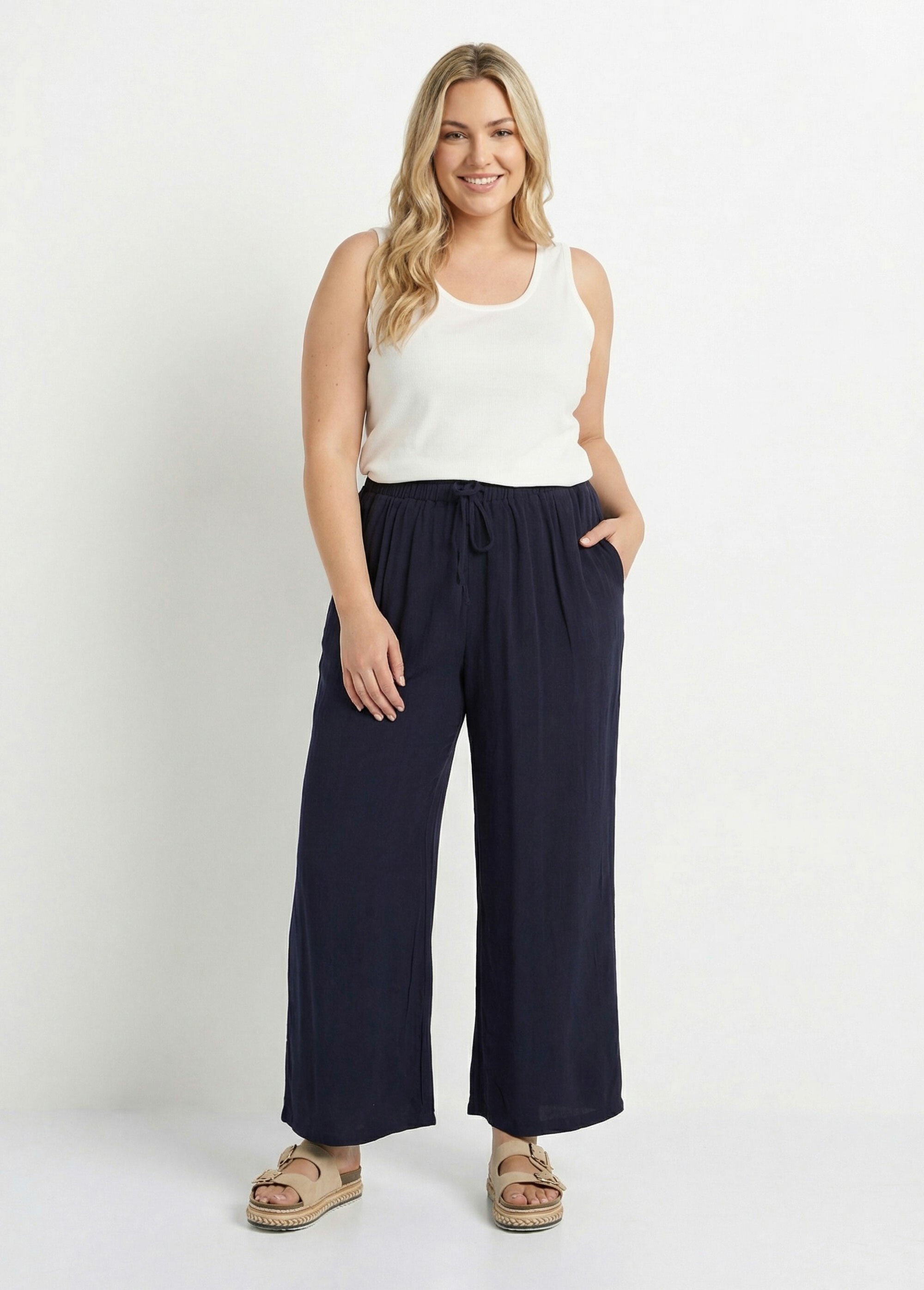 Pantalon fluide avec lin, effet naturel Femme Grande Taille Bleu MA-M900-2289 SF1