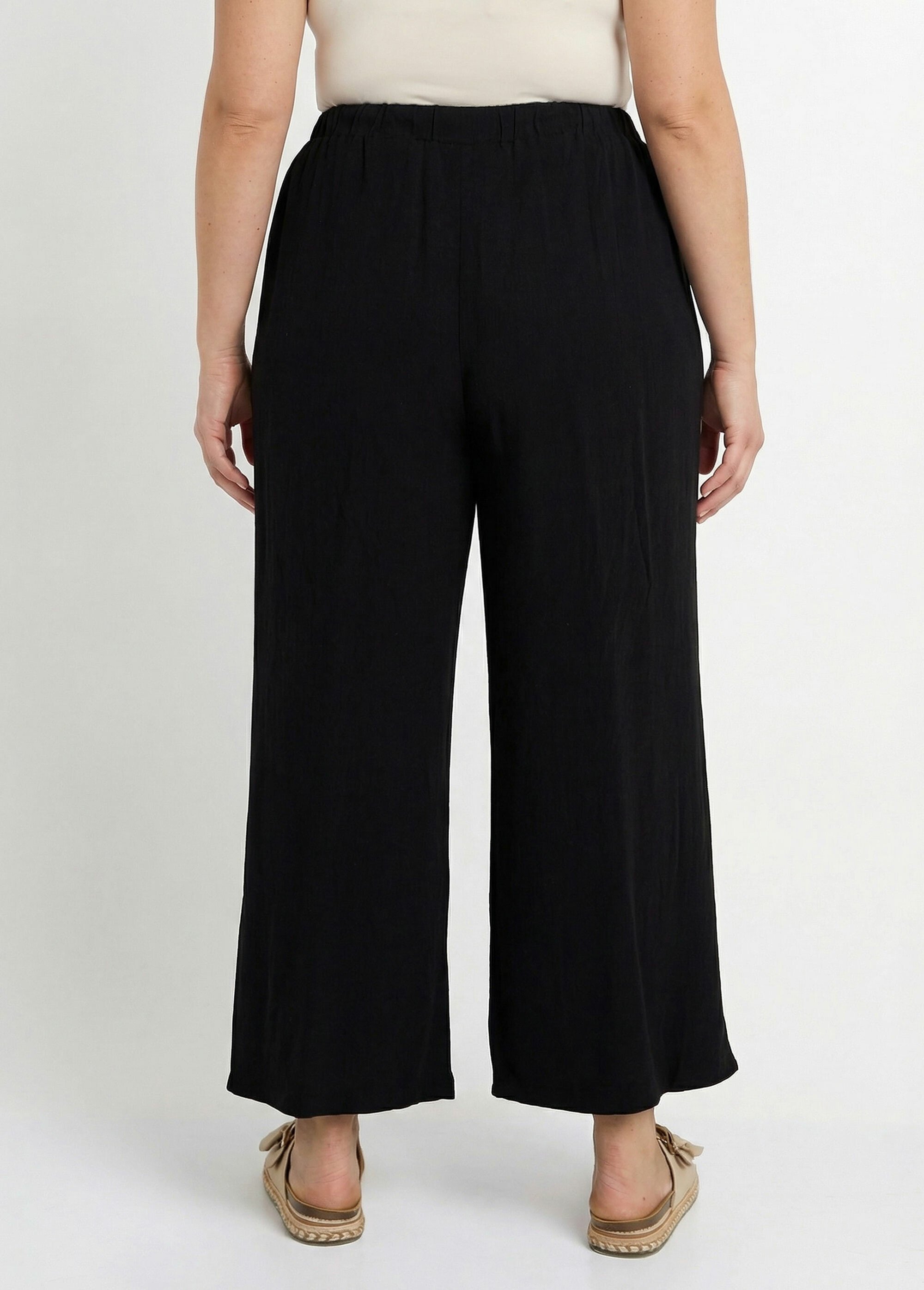 Pantalon fluide avec lin, effet naturel Femme Grande Taille Noir MA-M900-2289 DO1