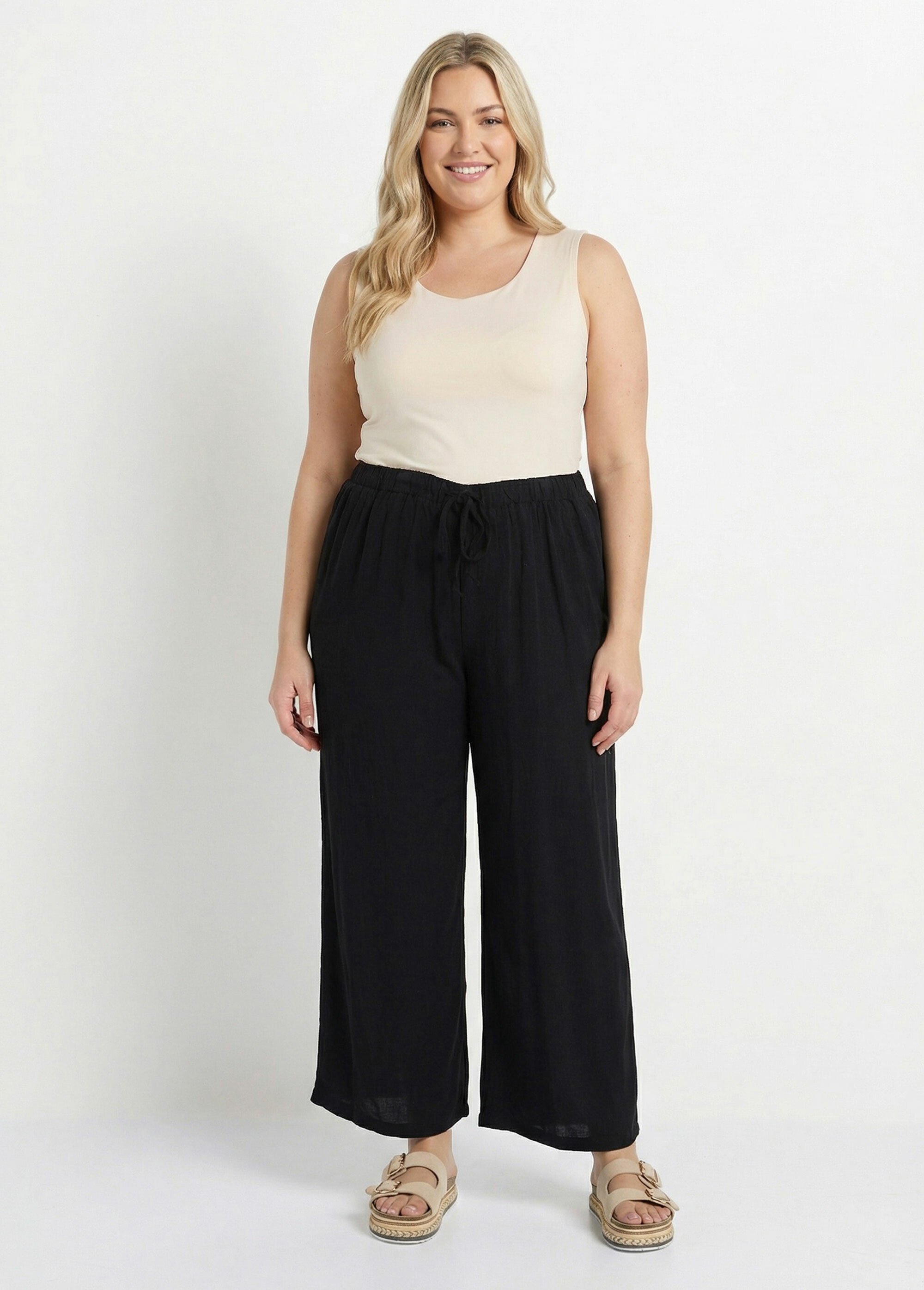 Pantalon fluide avec lin, effet naturel Femme Grande Taille Noir MA-M900-2289 SF1