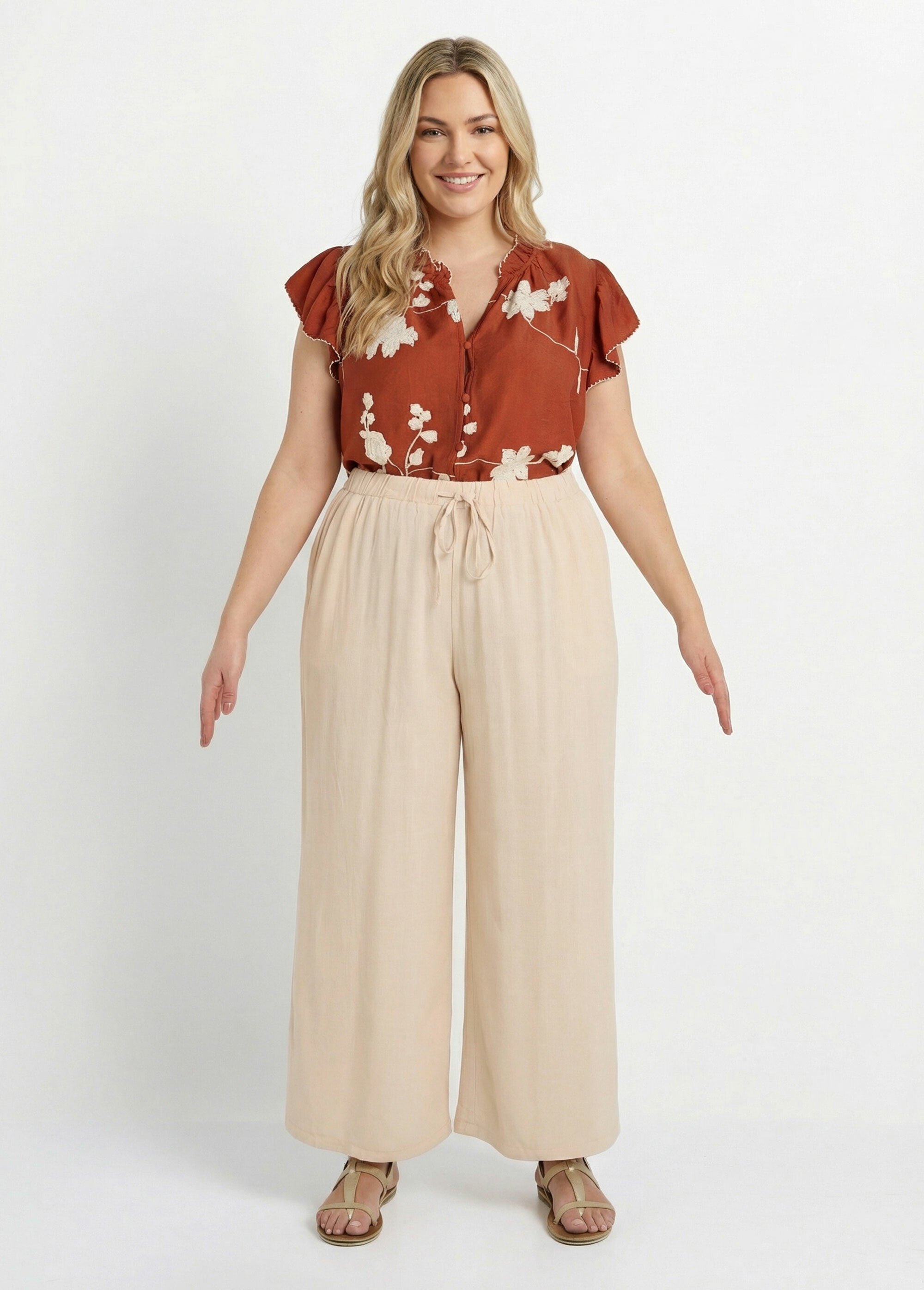 Pantalon fluide avec lin, effet naturel Femme Grande Taille Beige MA-M900-2289 SF1