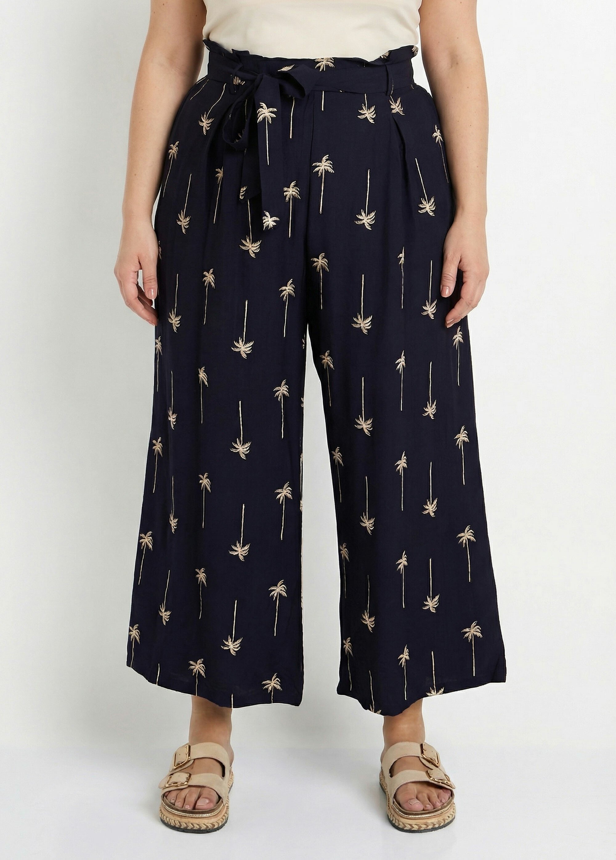 Pantalon large avec broderies palmiers Femme Grande Taille Bleu MA-718-1726 FA1