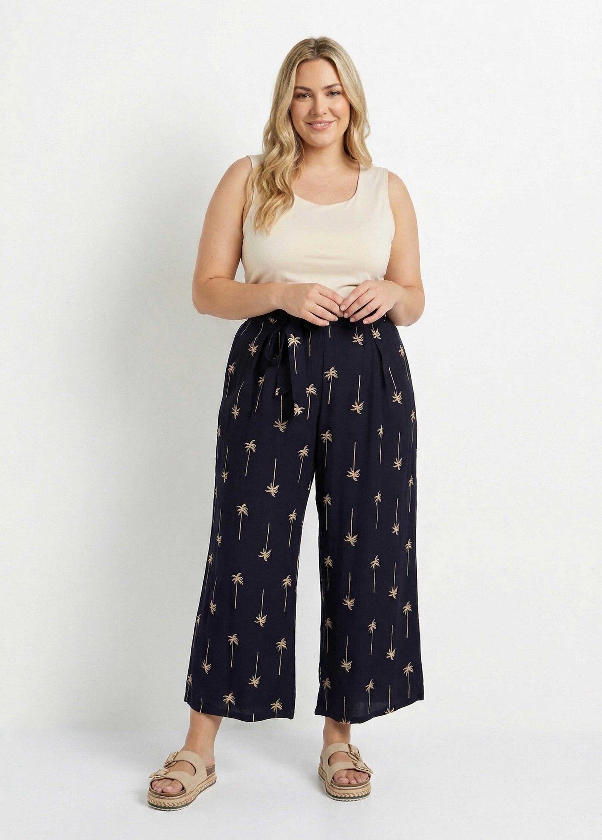 Pantalon large avec broderies palmiers Femme Grande Taille Bleu MA-718-1726 SF1