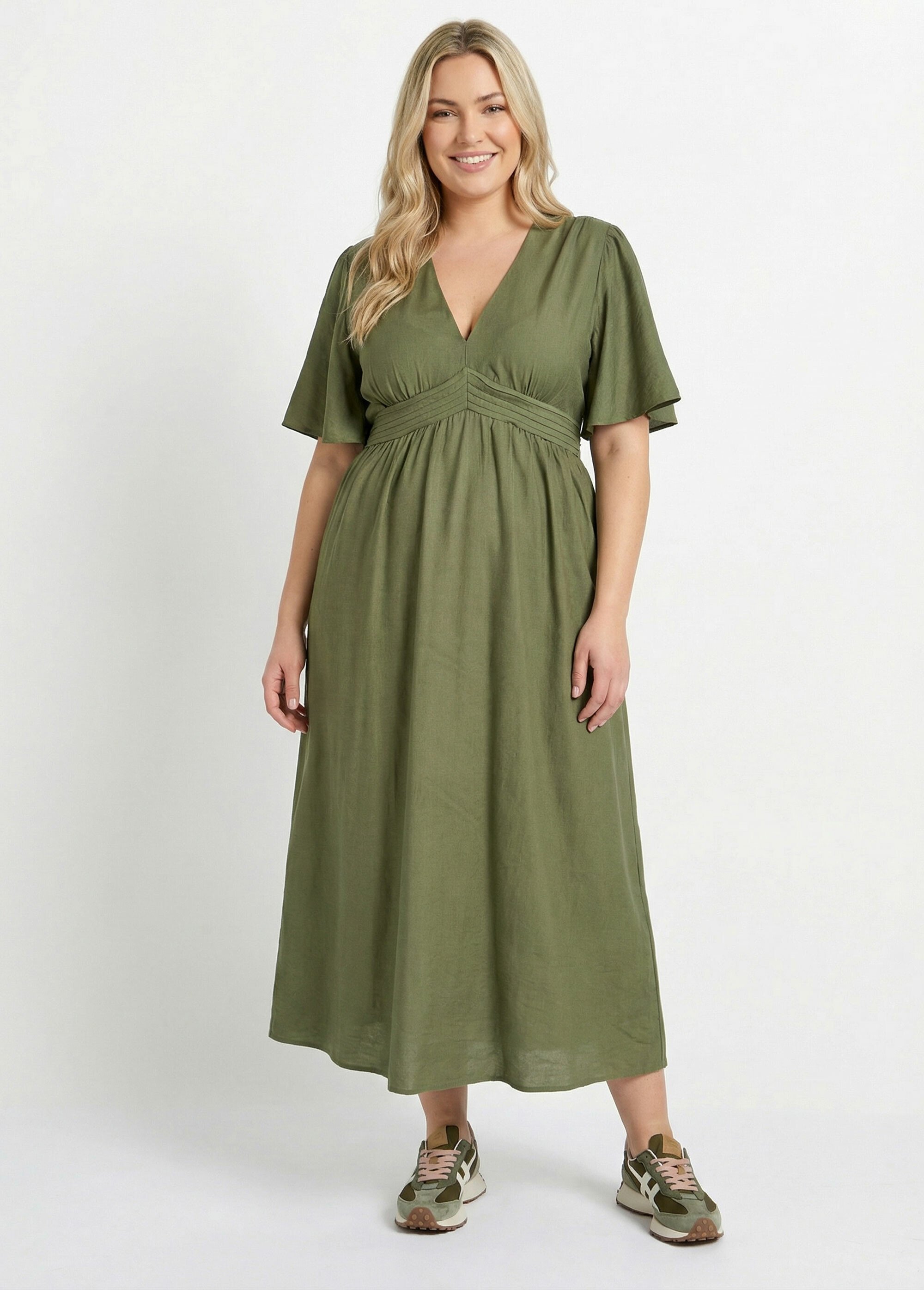 Robe longue taille haute plissée, col V Femme Grande Taille Vert MA-M1107-2196 FA1