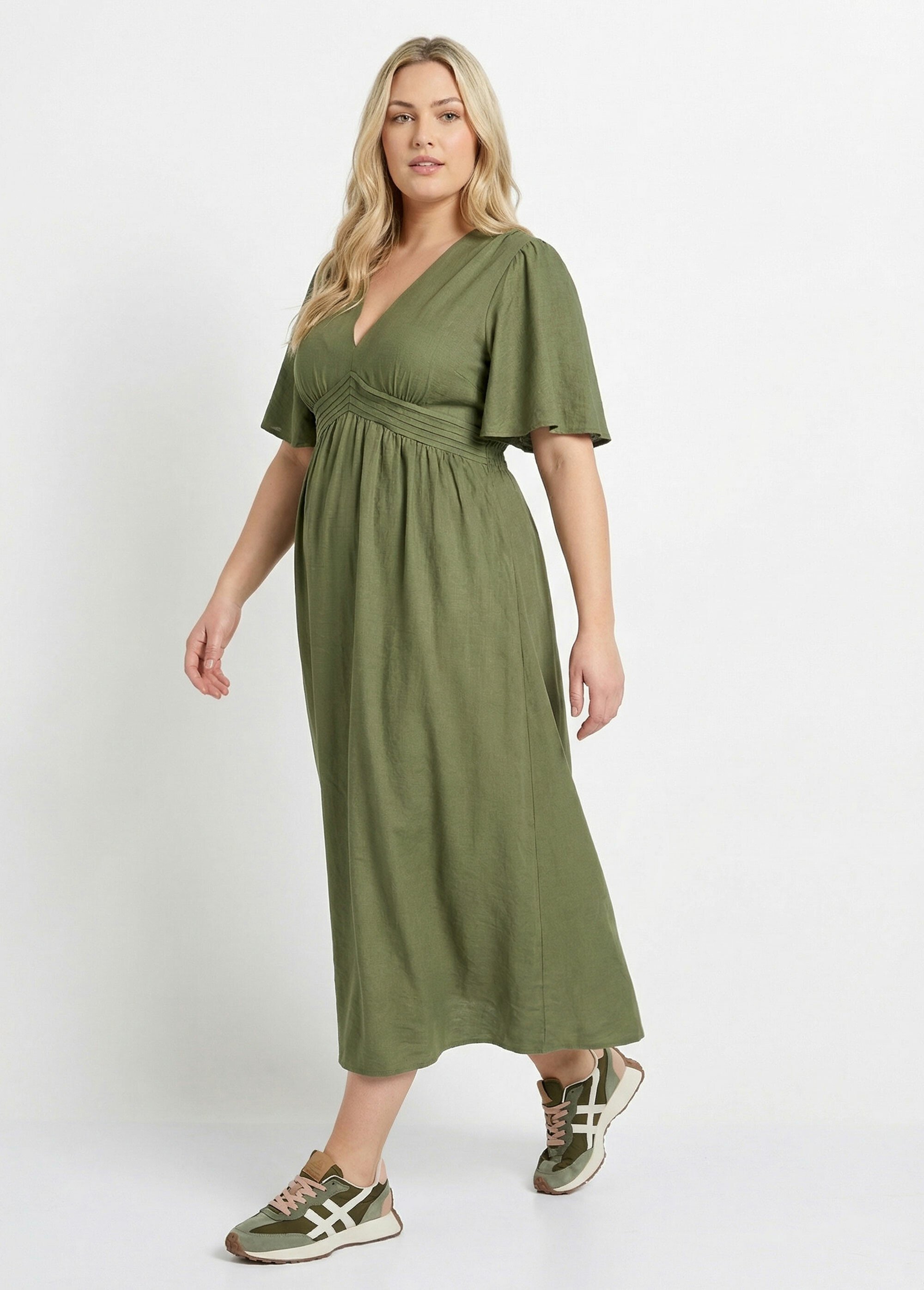 Robe longue taille haute plissée, col V Femme Grande Taille Vert MA-M1107-2196 MV1