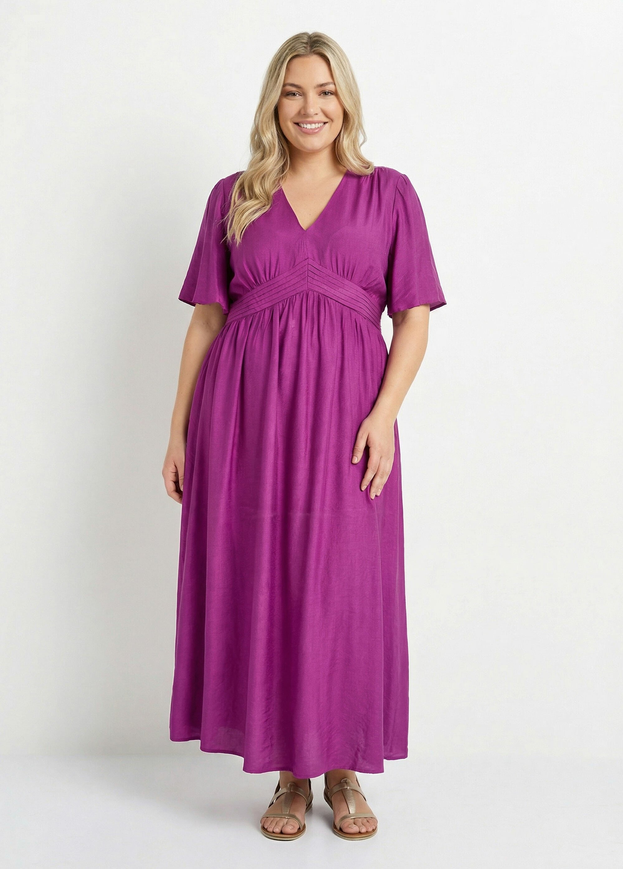 Robe longue taille haute plissée, col V Femme Grande Taille Violet MA-M1107-2196 FA1