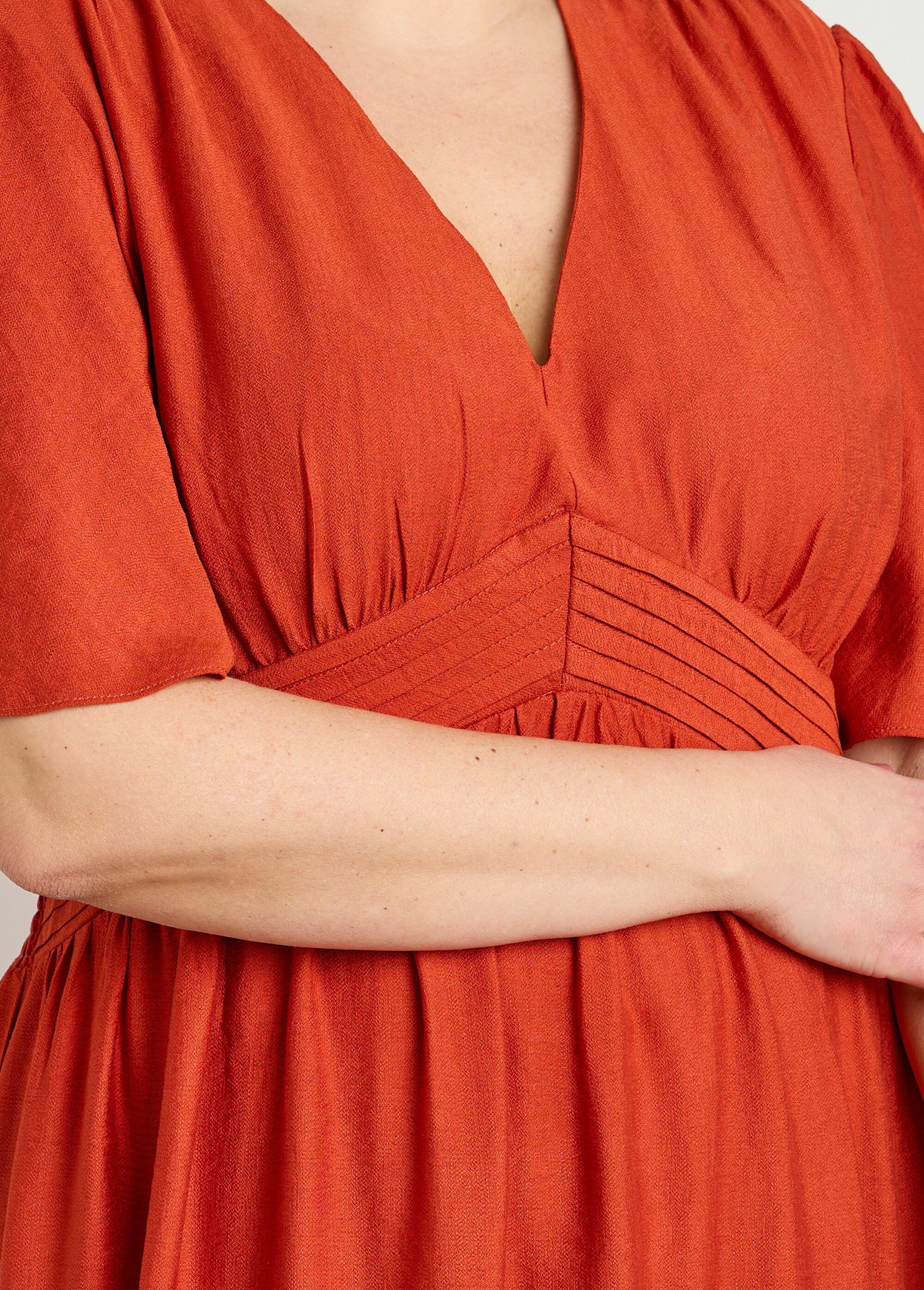 Robe longue taille haute plissée, col V Femme Grande Taille Orange MA-M1107-2196 DE1