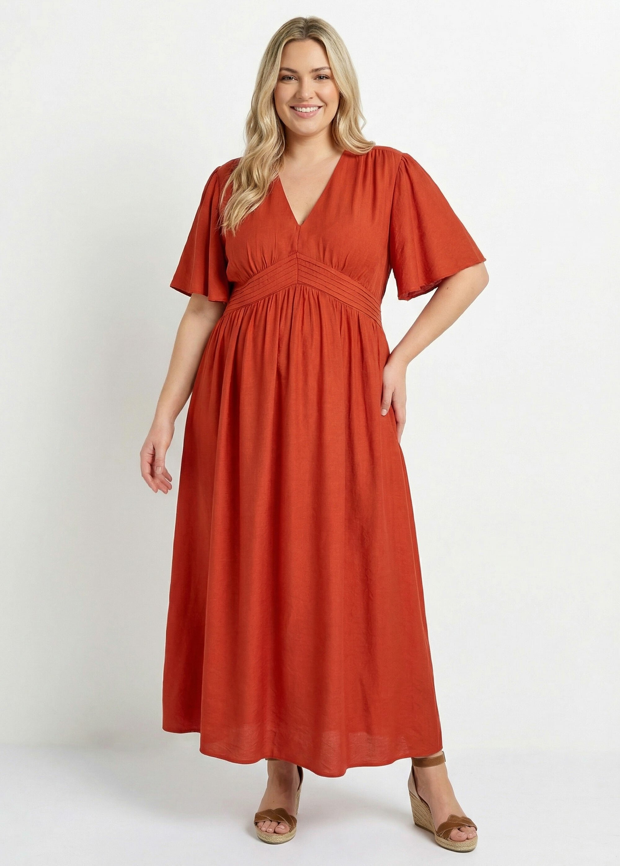 Robe longue taille haute plissée, col V Femme Grande Taille Orange MA-M1107-2196 FA1