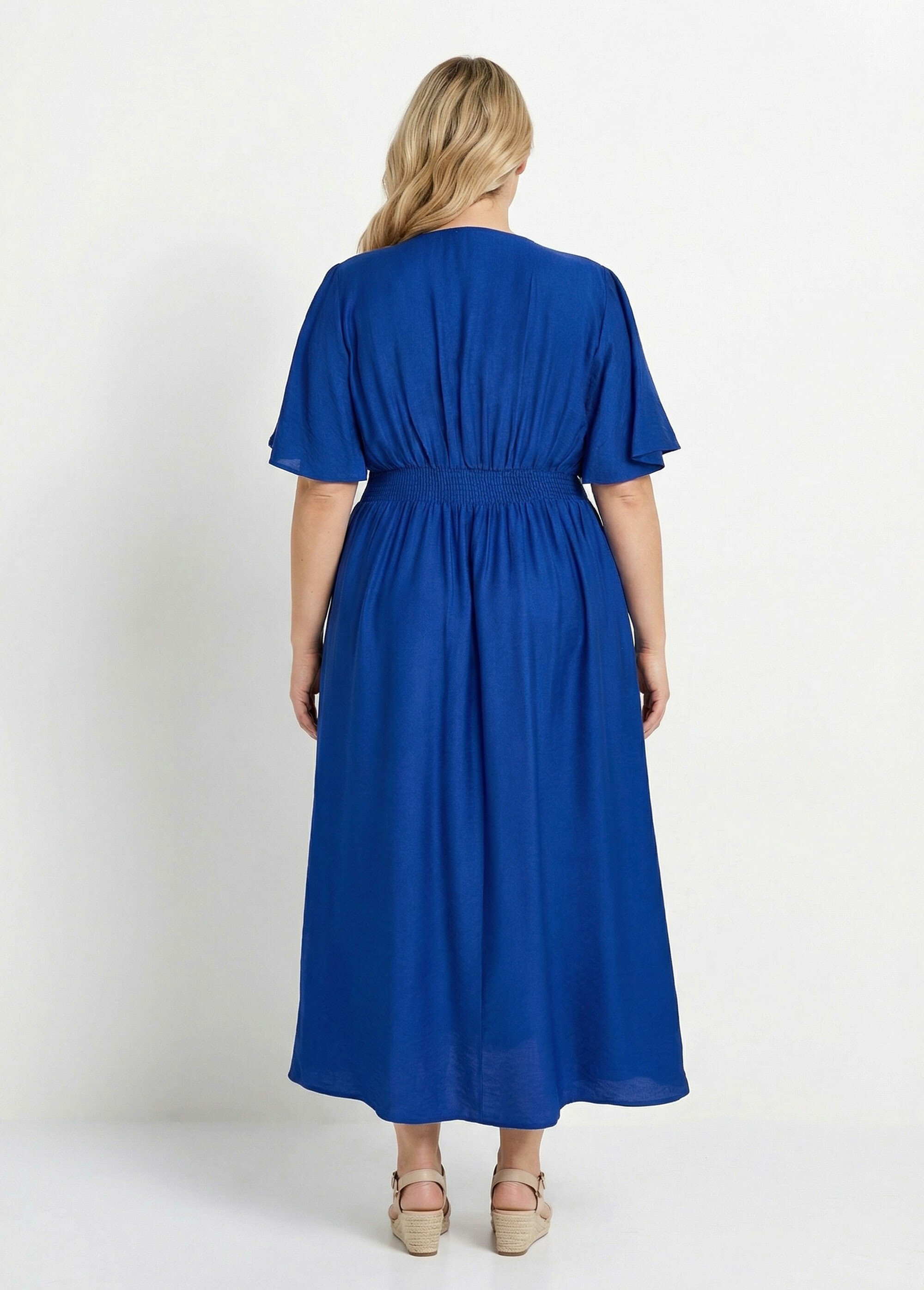 Robe longue taille haute plissée, col V Femme Grande Taille Bleu MA-M1107-2196 DO1