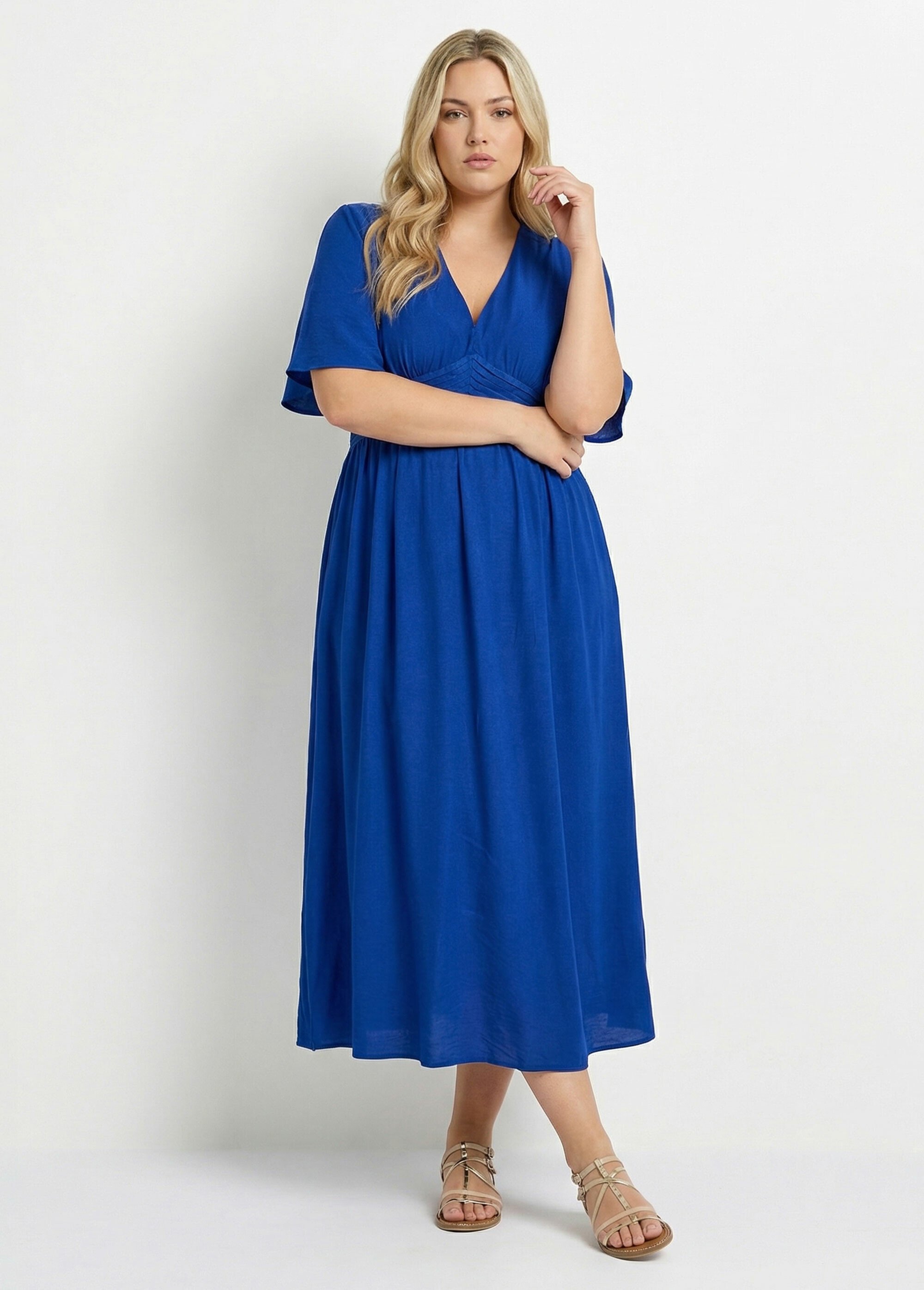 Robe longue taille haute plissée, col V Femme Grande Taille Bleu MA-M1107-2196 MV1