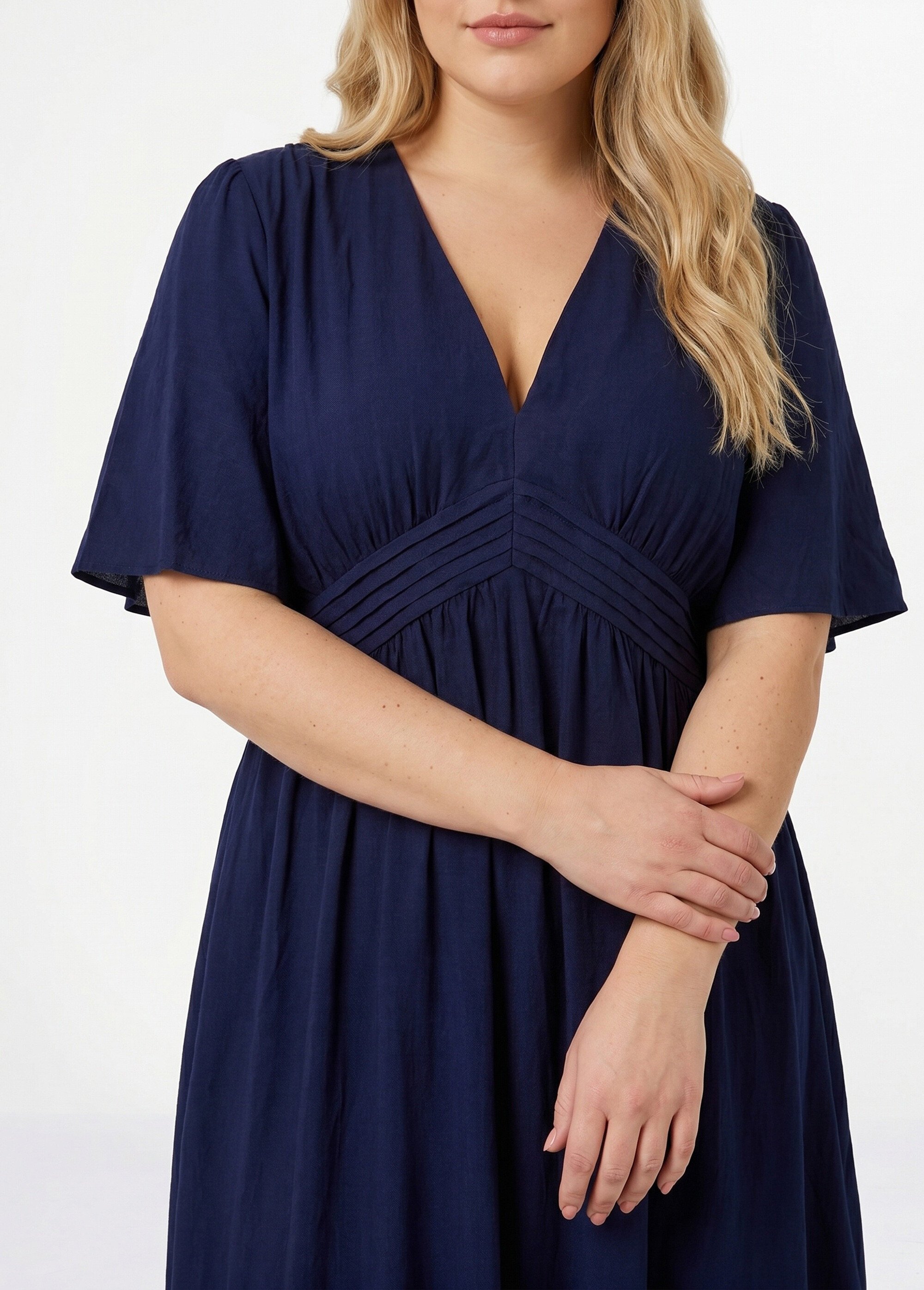 Robe longue taille haute plissée, col V Femme Grande Taille Bleu MA-M1107-2196 DE1