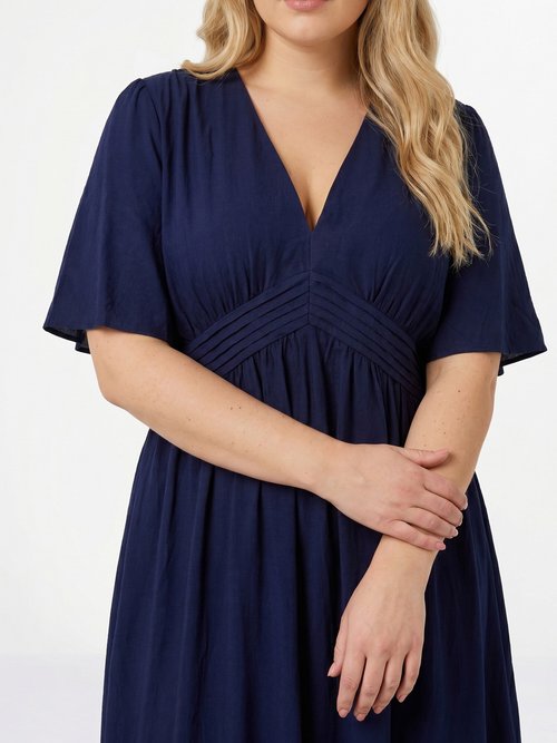 Robe longue taille haute plissée, col V Femme Grande Taille Bleu MA-M1107-2196 DE1
