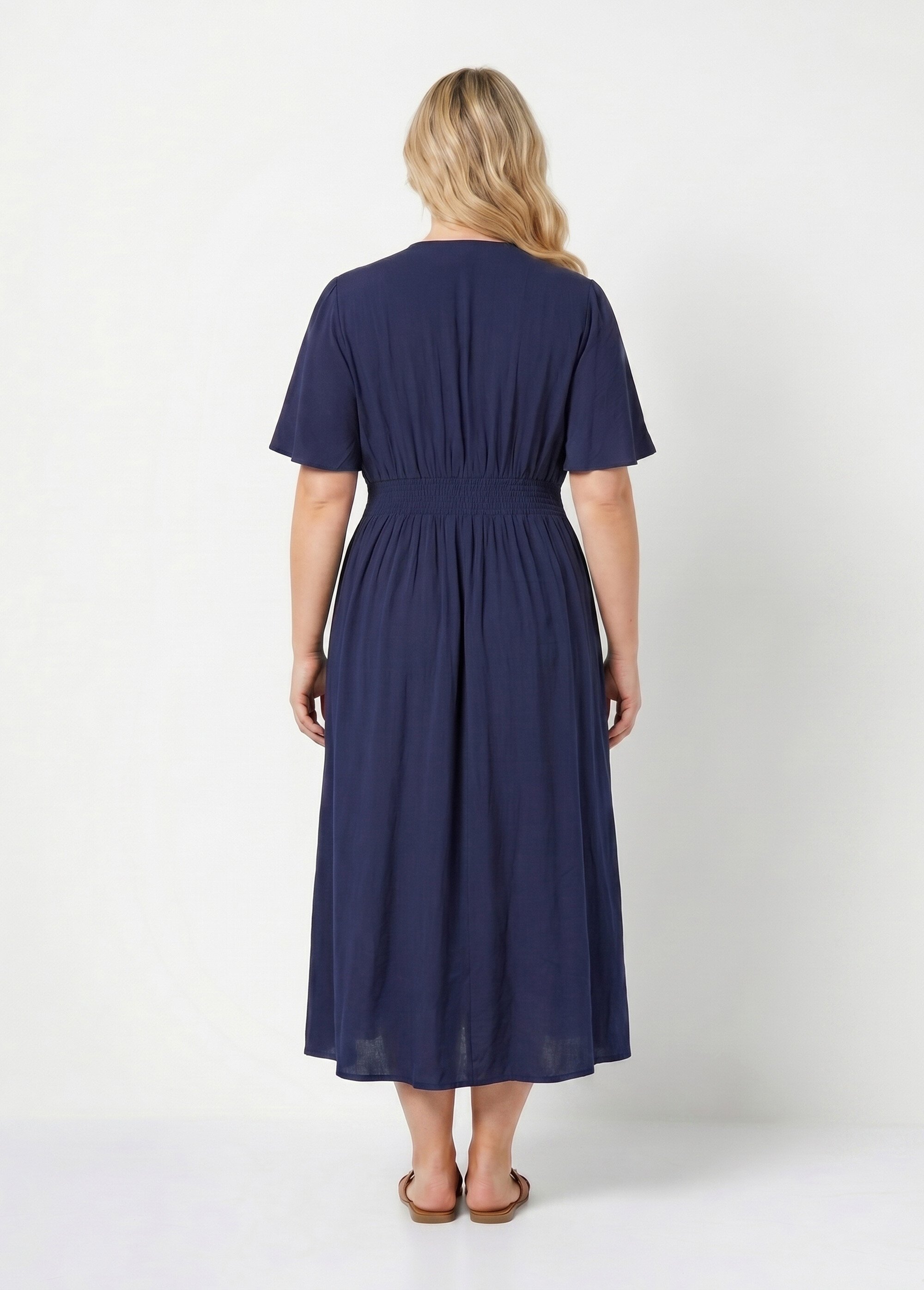Robe longue taille haute plissée, col V Femme Grande Taille Bleu MA-M1107-2196 DO1