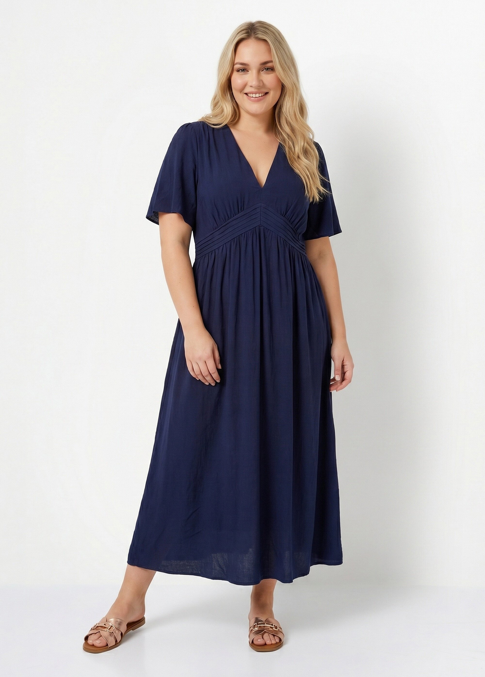 Robe longue taille haute plissée, col V Femme Grande Taille Bleu MA-M1107-2196 FA1