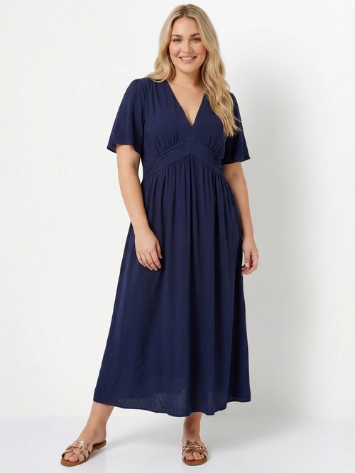 Robe longue taille haute plissée, col V Femme Grande Taille Bleu MA-M1107-2196 FA1