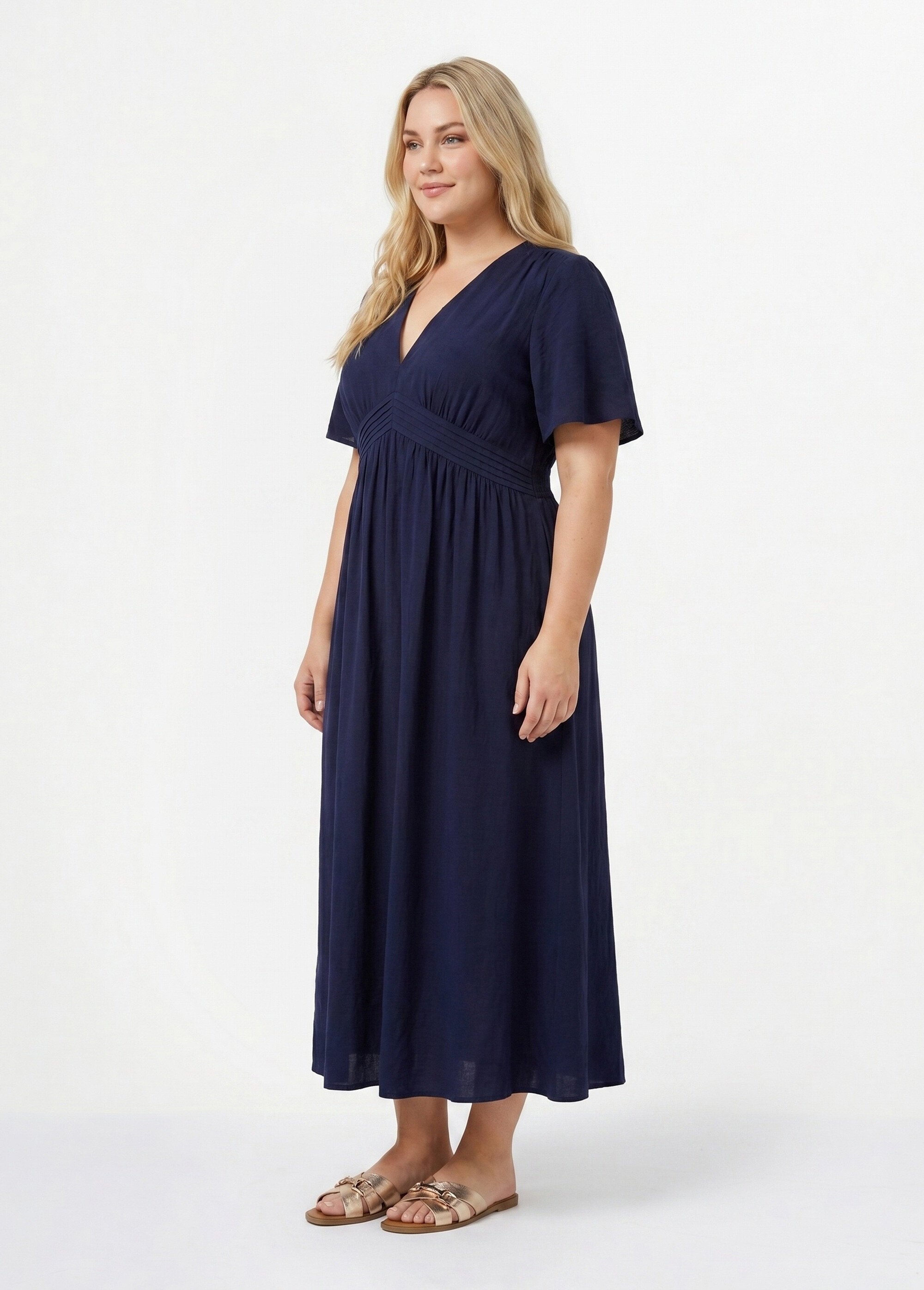 Robe longue taille haute plissée, col V Femme Grande Taille Bleu MA-M1107-2196 GA1